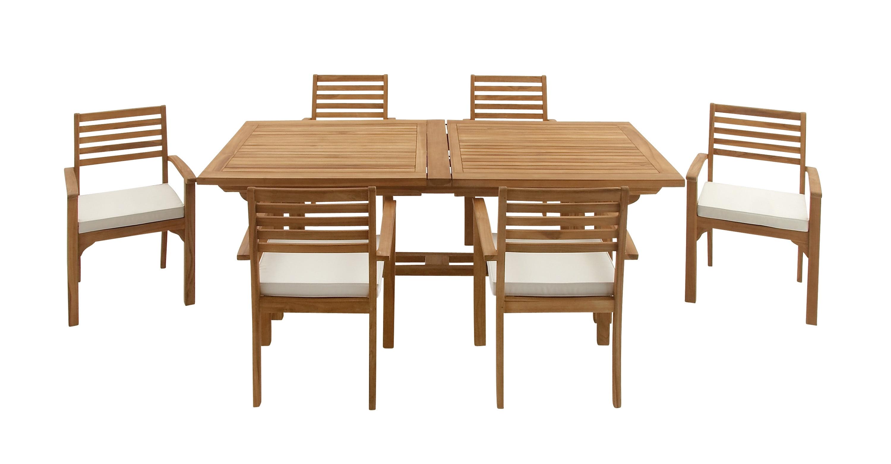 Brown Teak 7-Piece Outdoor Dining Set with White Cushions