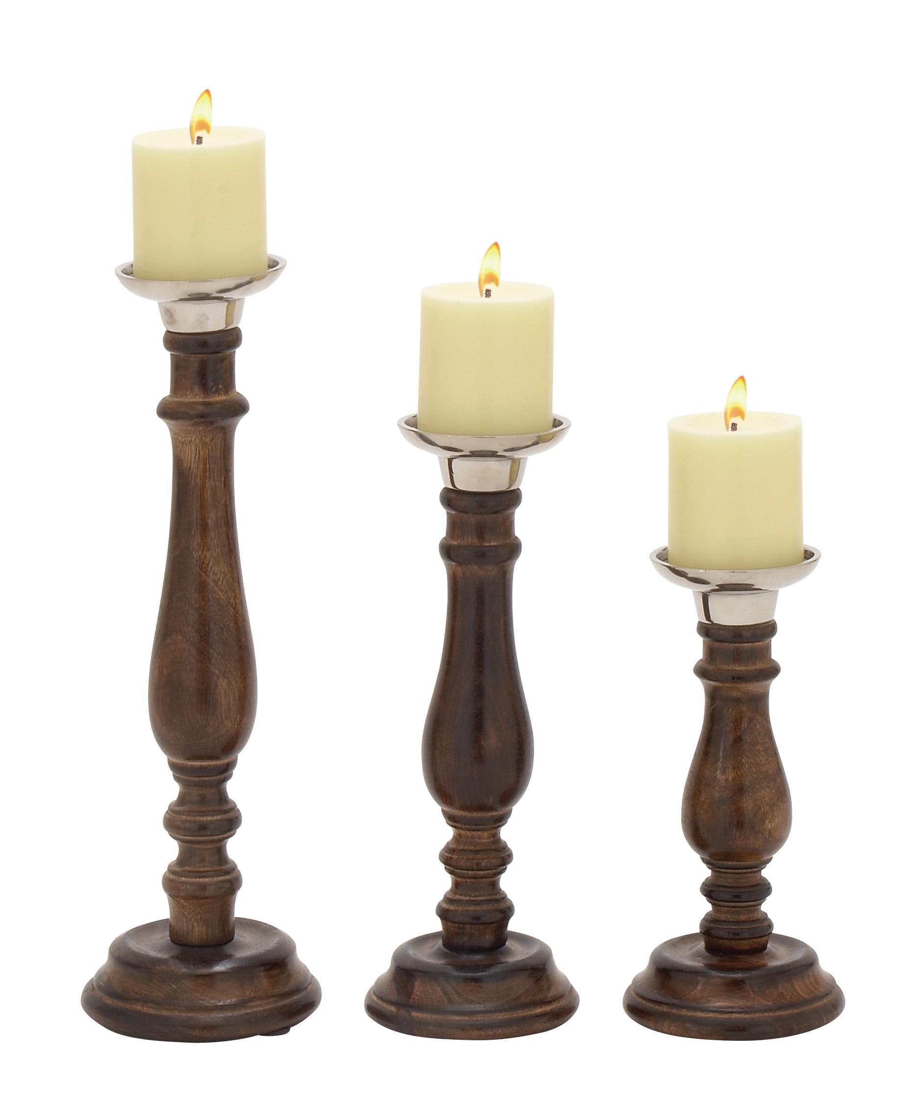 Dark Brown Mango Wood Pillar Candlestick Set of 3