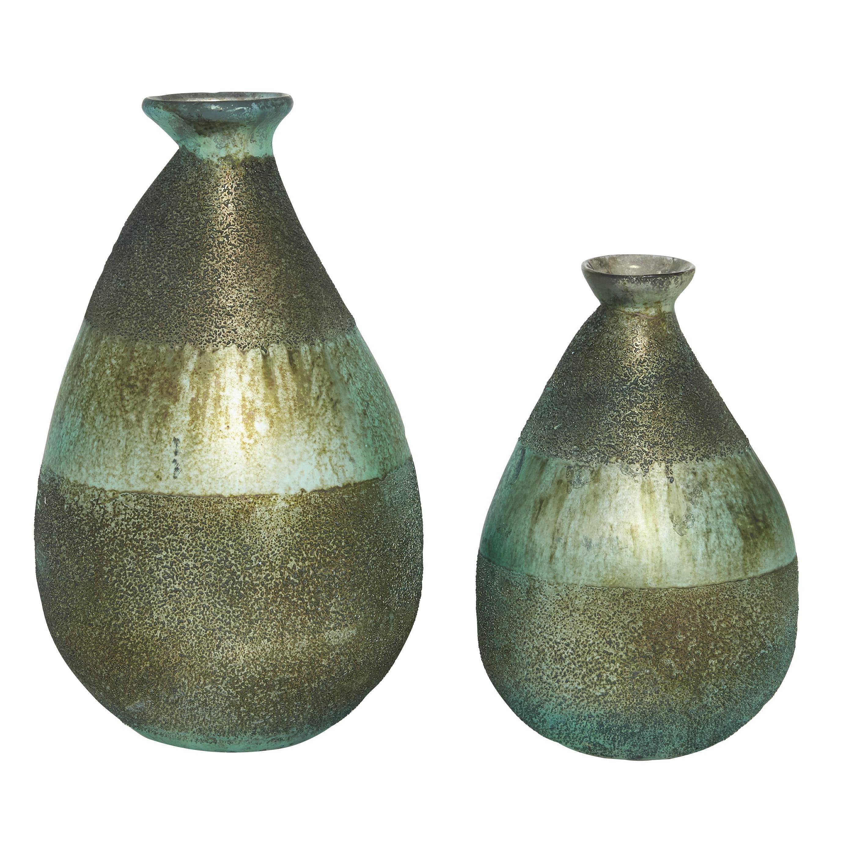 Elegant Green Blown Glass Bouquet Vases 7.3" x 12.25" - Set of 2