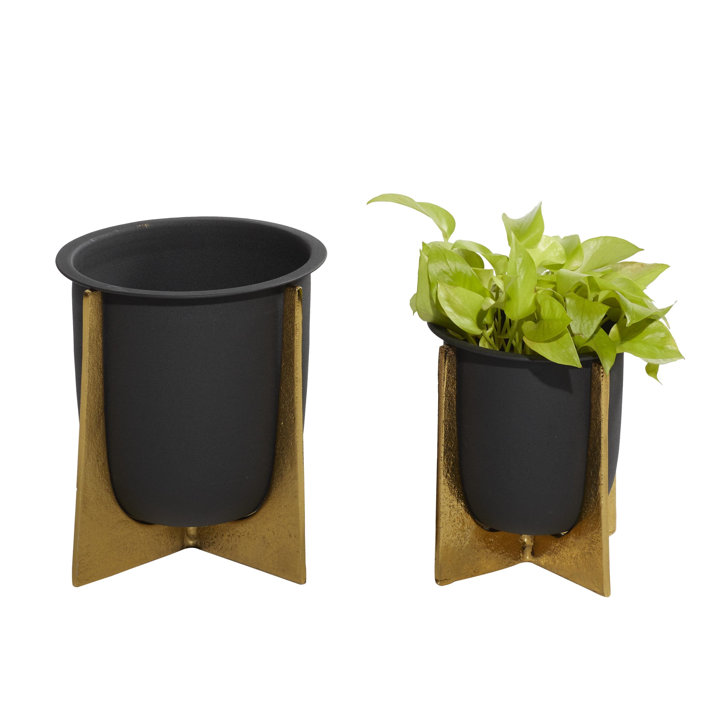 Glam Black and Gold Metal Indoor/Outdoor Planter Set with X-Shaped Stand