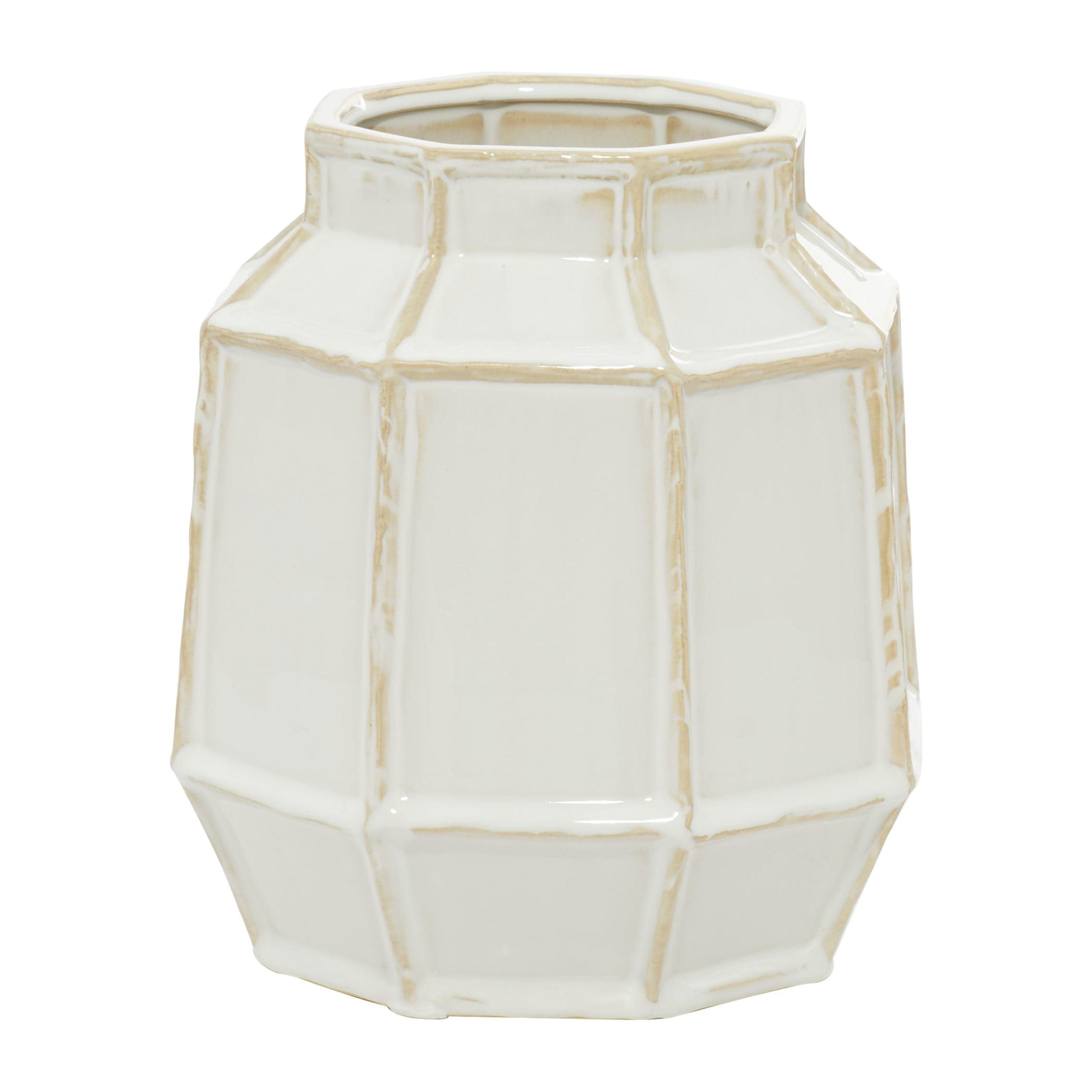 White Geometric Ceramic Table Vase with Beige Accents