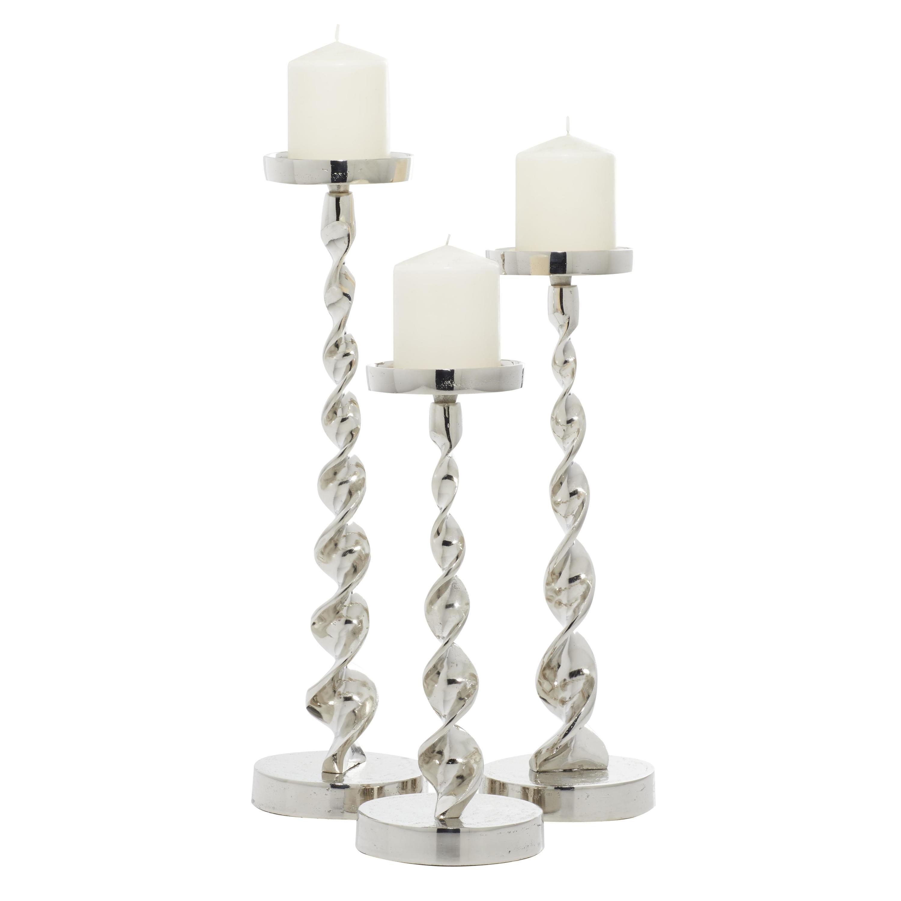 DecMode Aluminum Coastal Barley Twist Designed Candleholder Set of 3, 19", 16", 13" H, with High Gloss Silver and Slight Distressed Finish