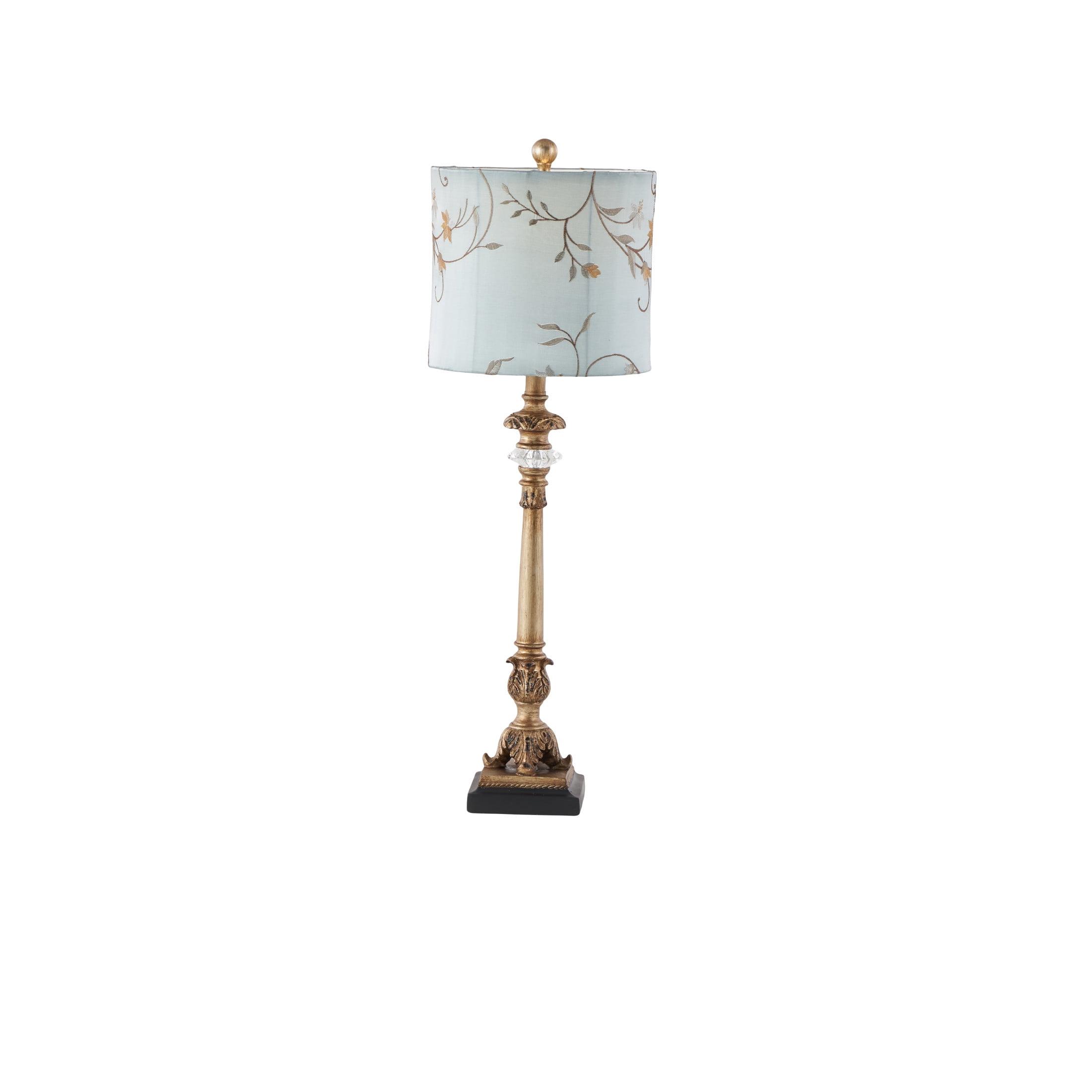 DecMode Antique Style Floral Gold Buffet Lamp with Blue Fabric Shade (2 Count)