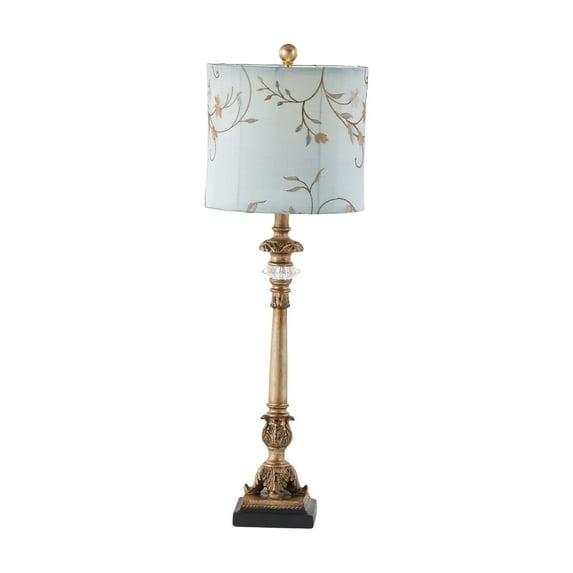 DecMode Antique Style Floral Gold Buffet Lamp with Blue Fabric Shade (2 Count)