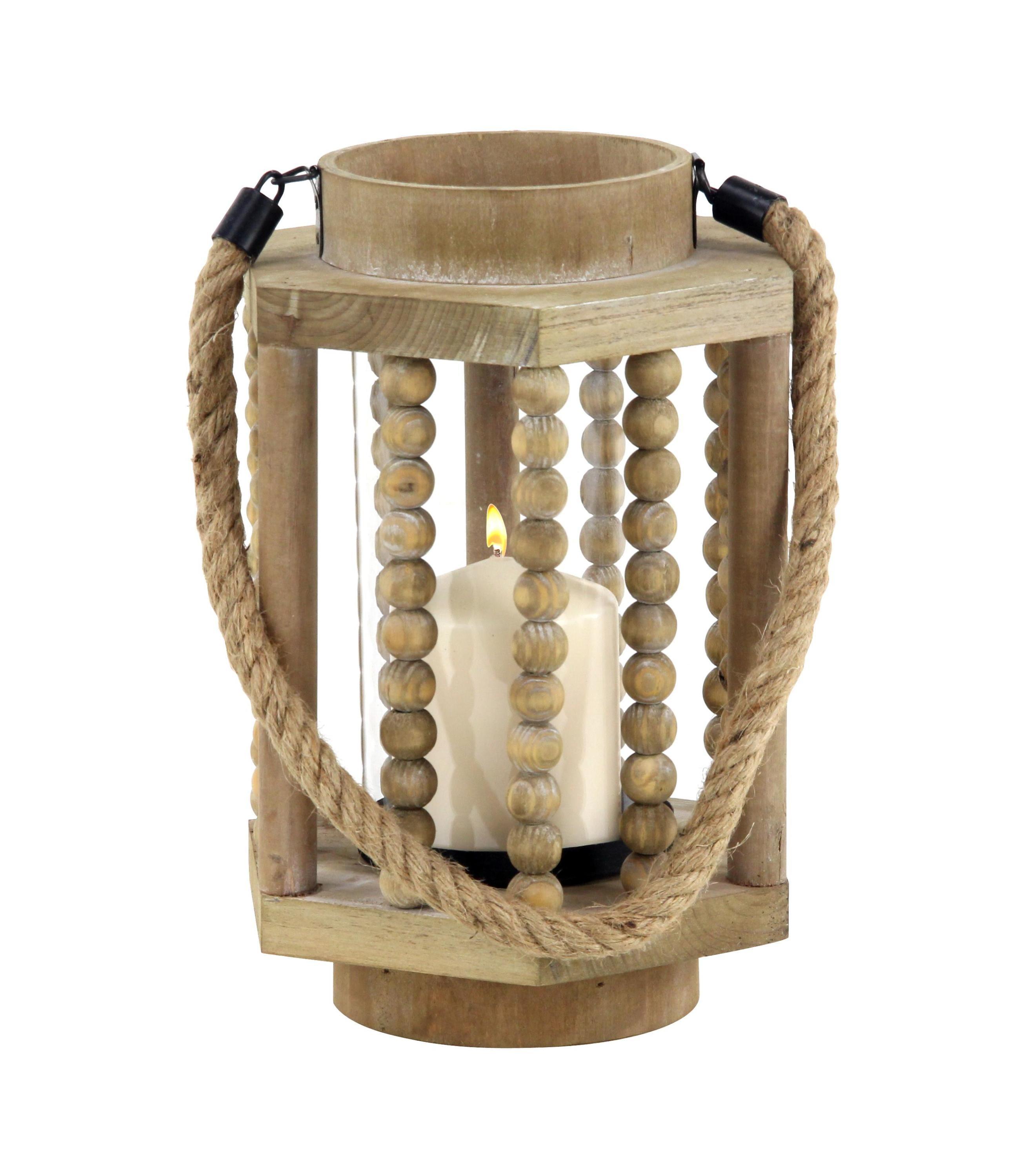 11" x 8" Rustic Wood/Glass Candle Holder with Rope Handle Beige - Olivia & May