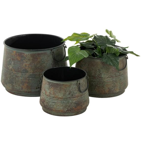 Gracie Oaks Cowden 3 Piece Metal Distressed Bucket Style Indoor Outdoor Bronze Planter with Side Ring Handles Set
