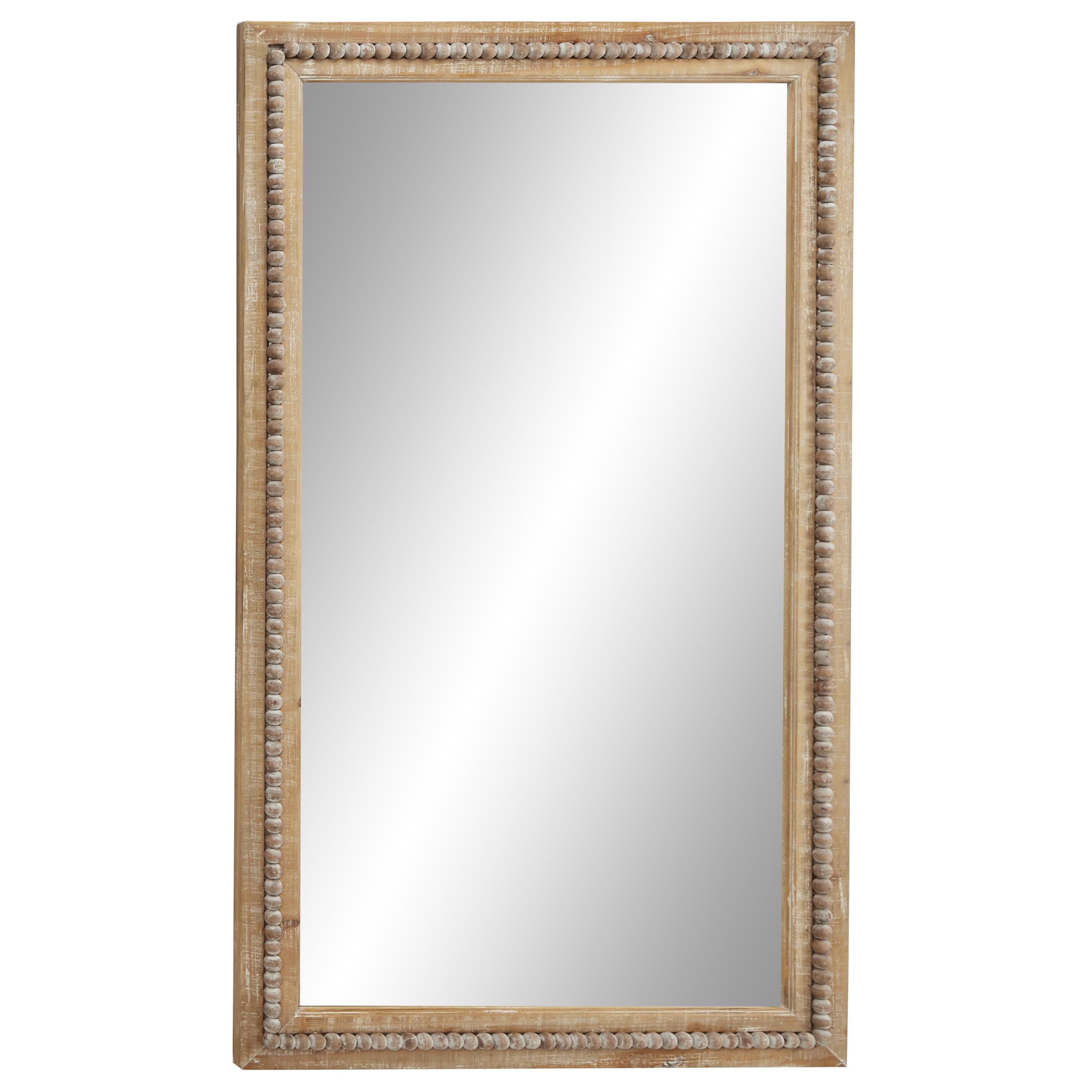 Light Brown Bohemian Wood Rectangular Wall Mirror with Beaded Detail