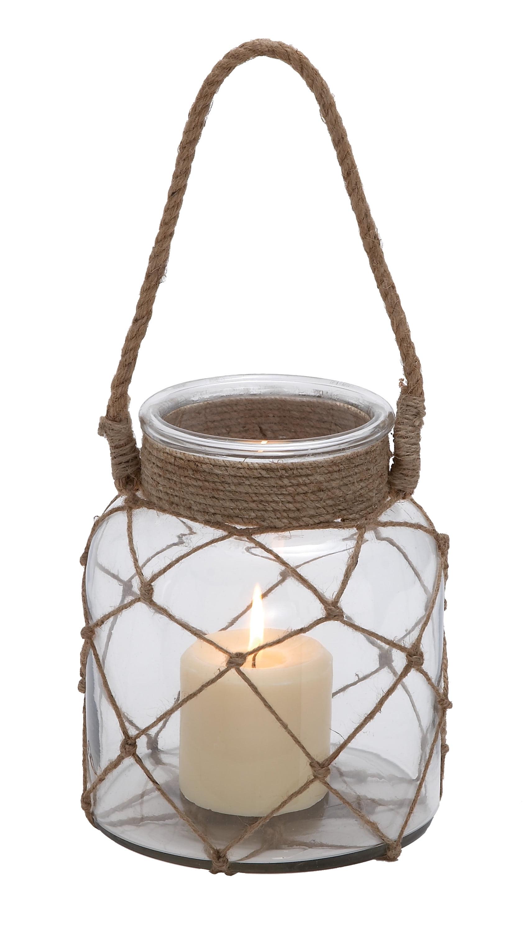 Coastal Charm Rustic Glass Candle Lantern with Jute Rope, 7"x8"