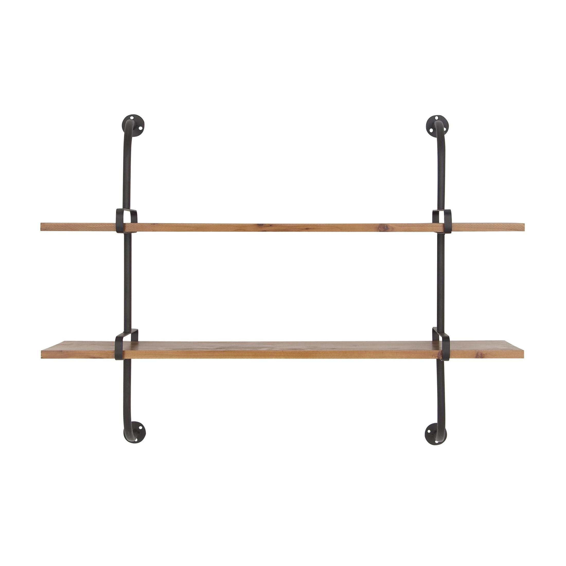 Brown Iron and Fir Wood 2-Tier Wall Shelf, 37" x 29"