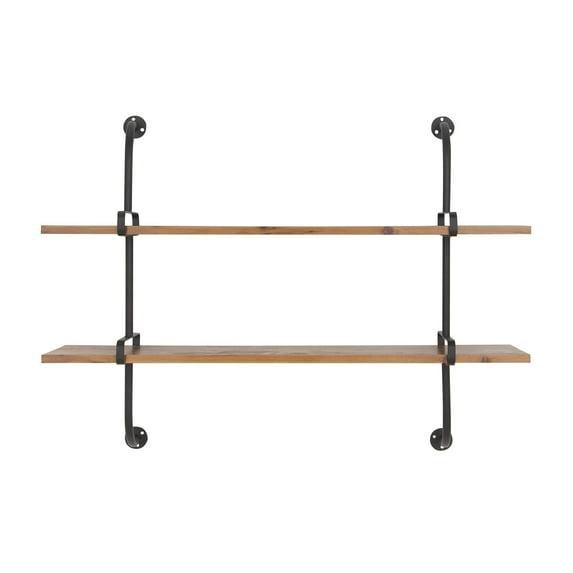 Brown Iron and Fir Wood 2-Tier Wall Shelf, 37" x 29"