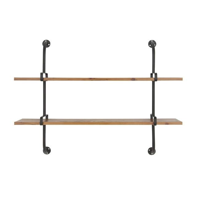 Brown Iron and Fir Wood 2-Tier Wall Shelf, 37" x 29"