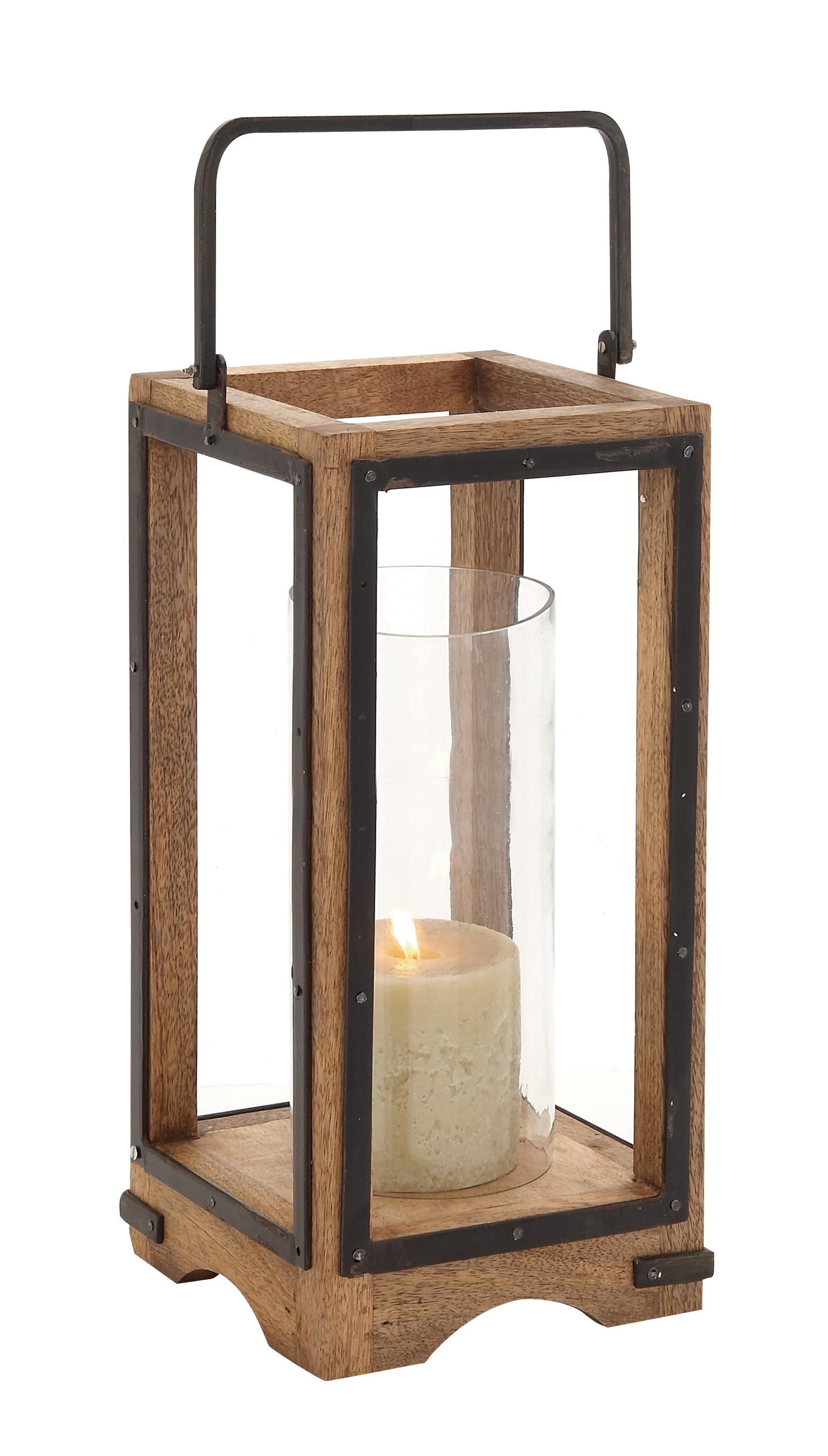 Elegant Wood and Glass Hurricane Candle Lantern, 26" Brown