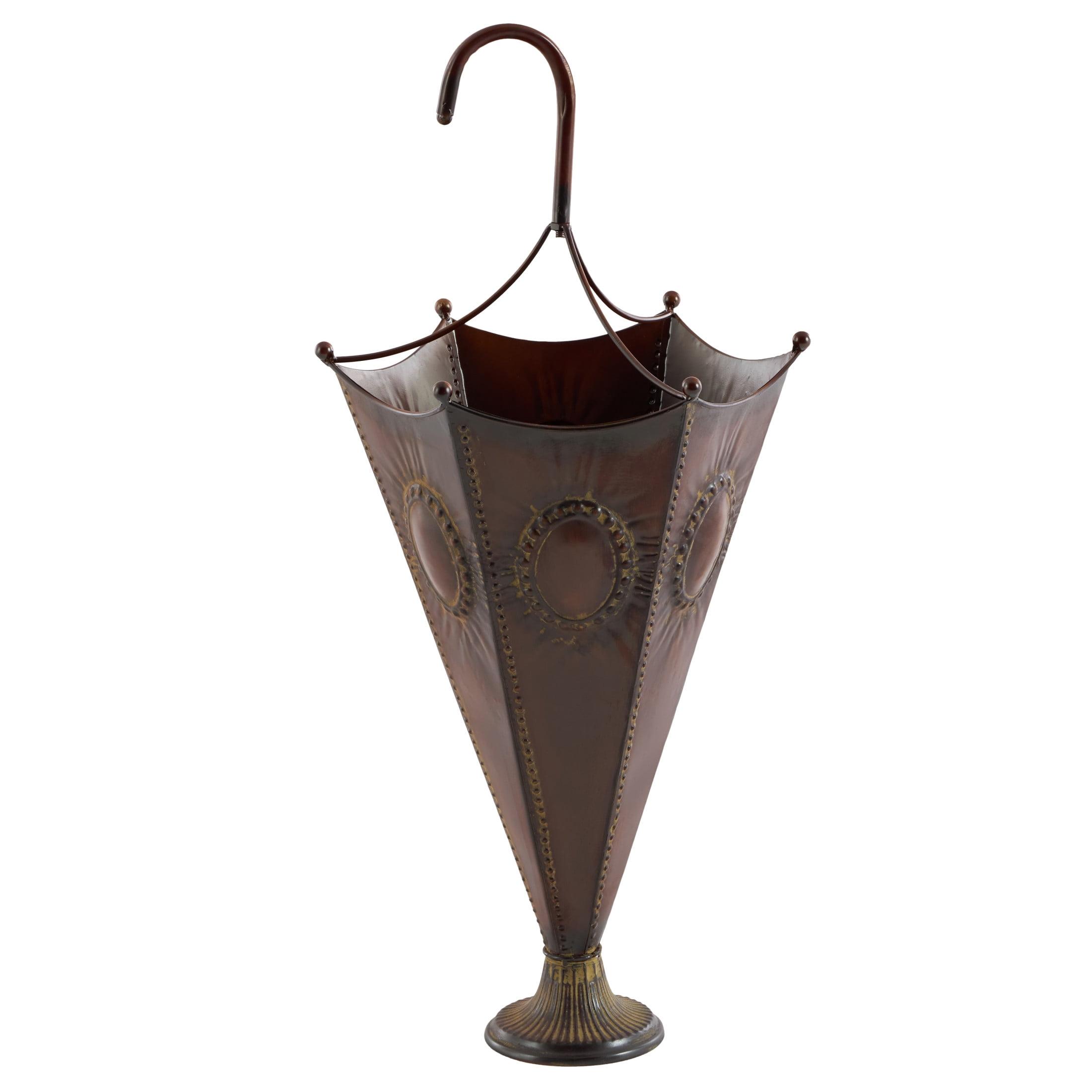 DecMode Brown Metal Umbrella Stand with Embossed Emblems