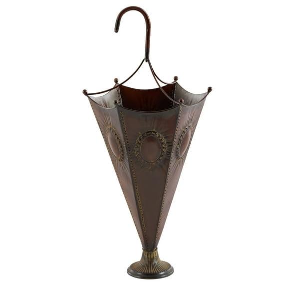 DecMode Brown Metal Umbrella Stand with Embossed Emblems