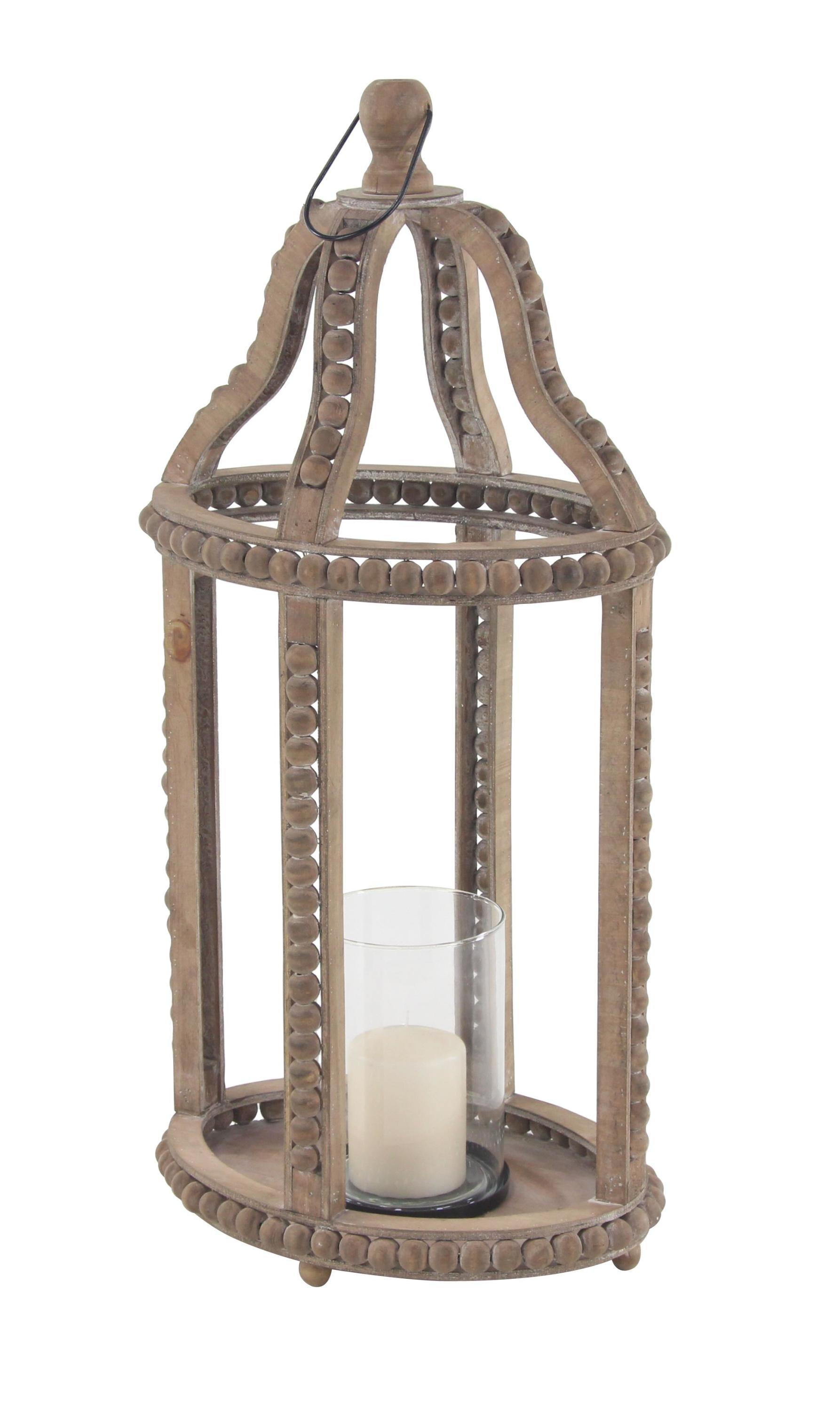 Olivia & May 29" x 13" Rustic Glass/Wood Cage Style Candle Holder Brown: Traditional Wooden Lantern, Tabletop Centerpiece