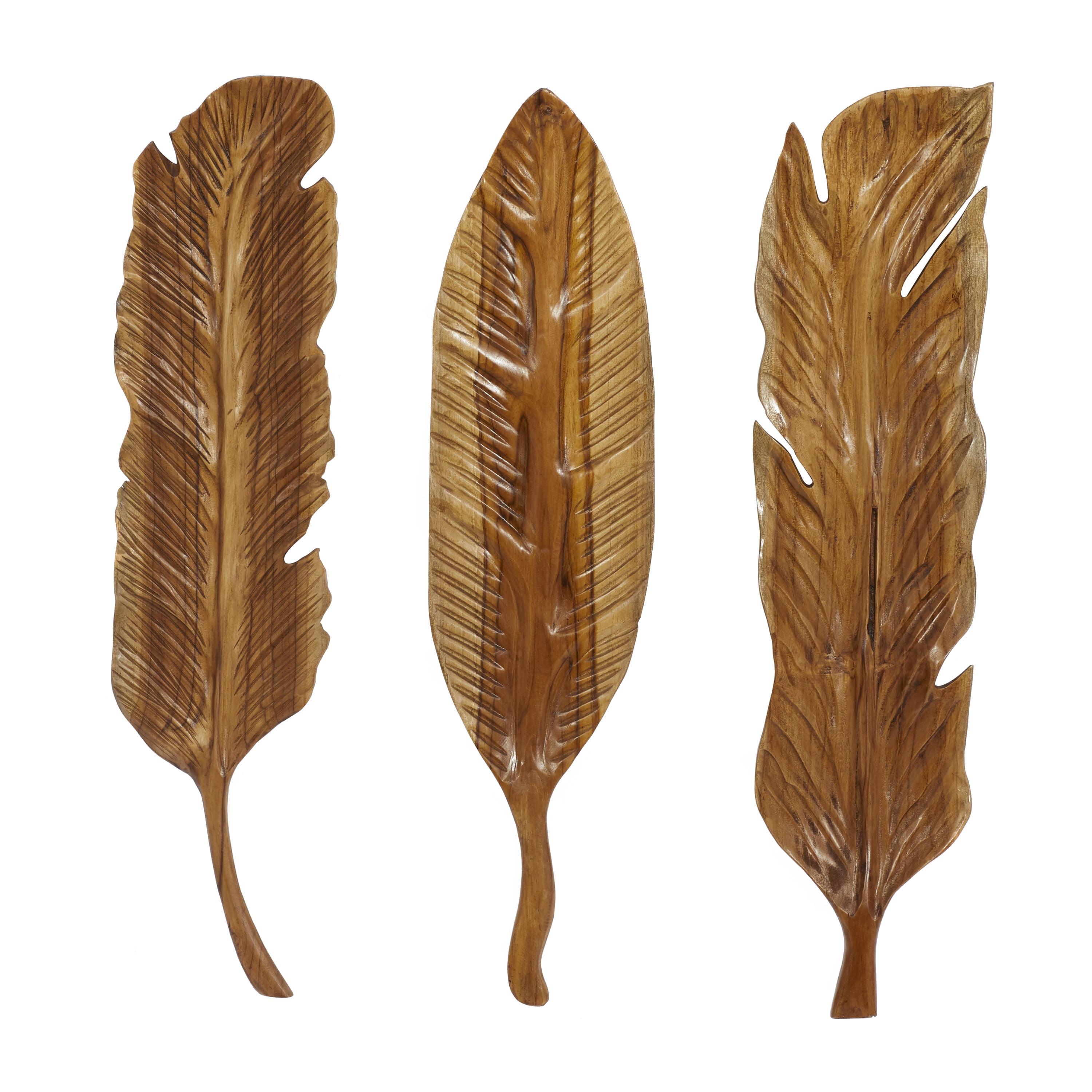 Rustic Teak Wood Carved Feather Wall Art Trio, Brown, 27" Height