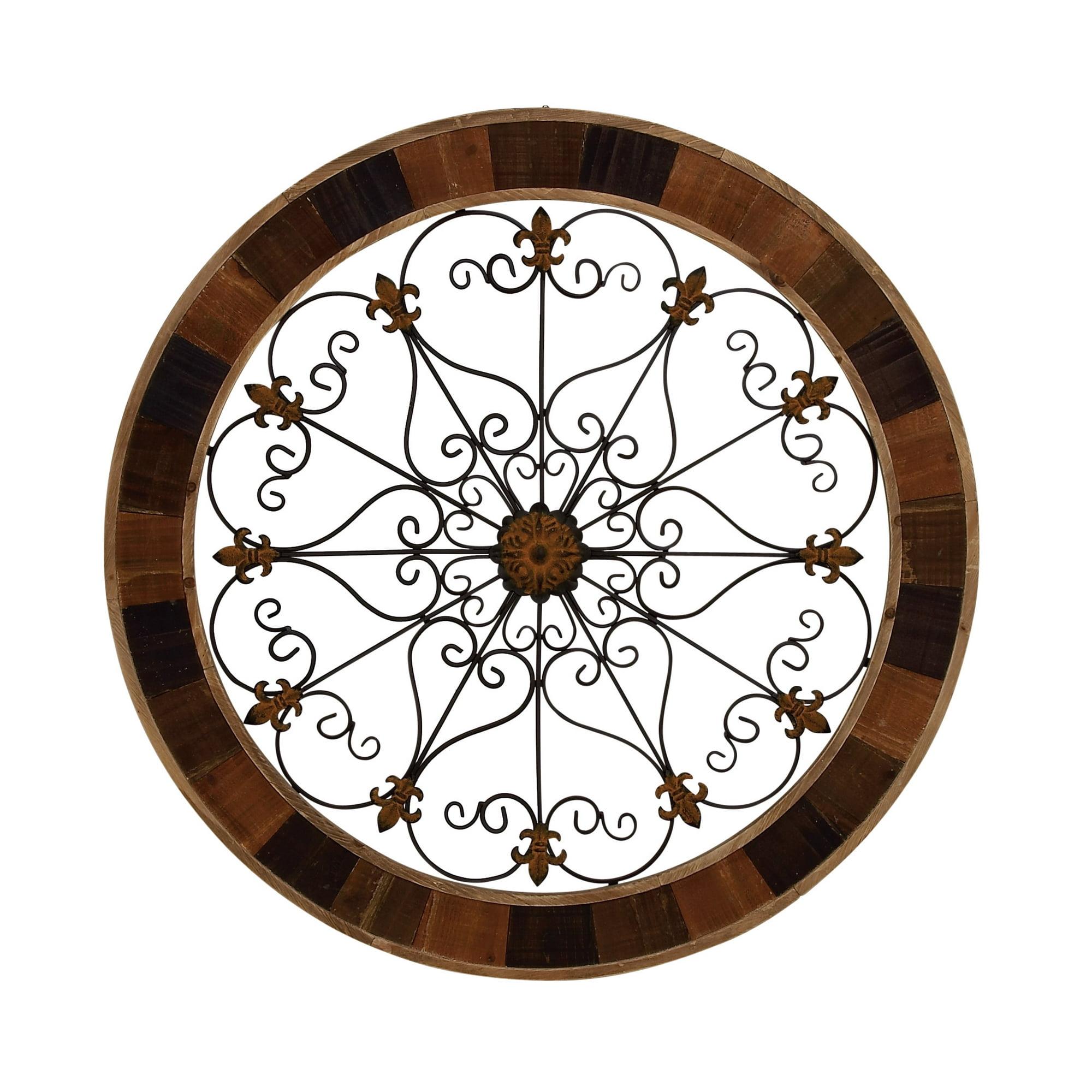DecMode Brown Wood Arabesque Scroll Wall Decor with Metal Fleur De Lis Relief