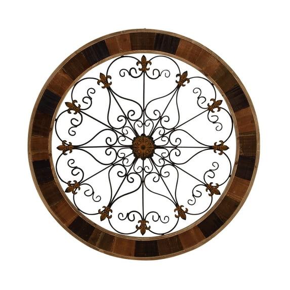 DecMode Brown Wood Arabesque Scroll Wall Decor with Metal Fleur De Lis Relief