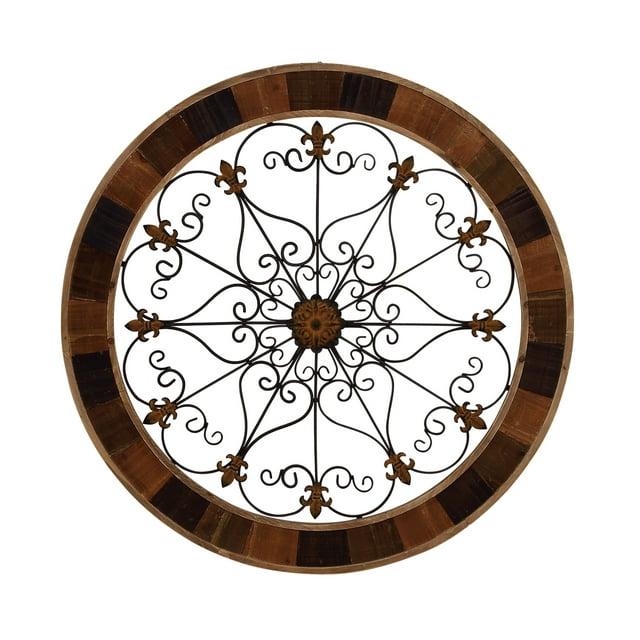 DecMode Brown Wood Arabesque Scroll Wall Decor with Metal Fleur De Lis Relief