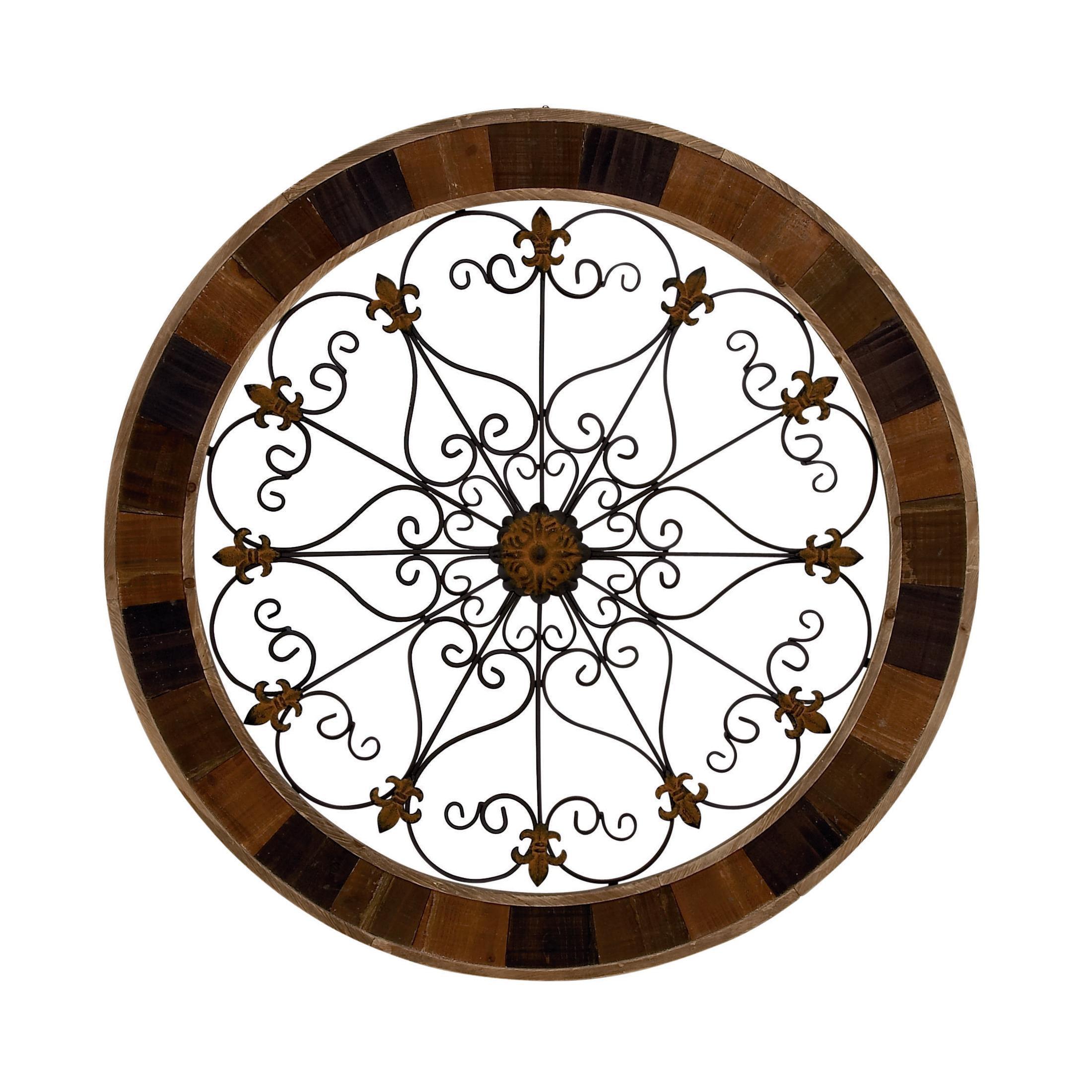 DecMode Brown Wood Medallion Scroll Wall Decor with Metal Fleur-De-Lis Detail