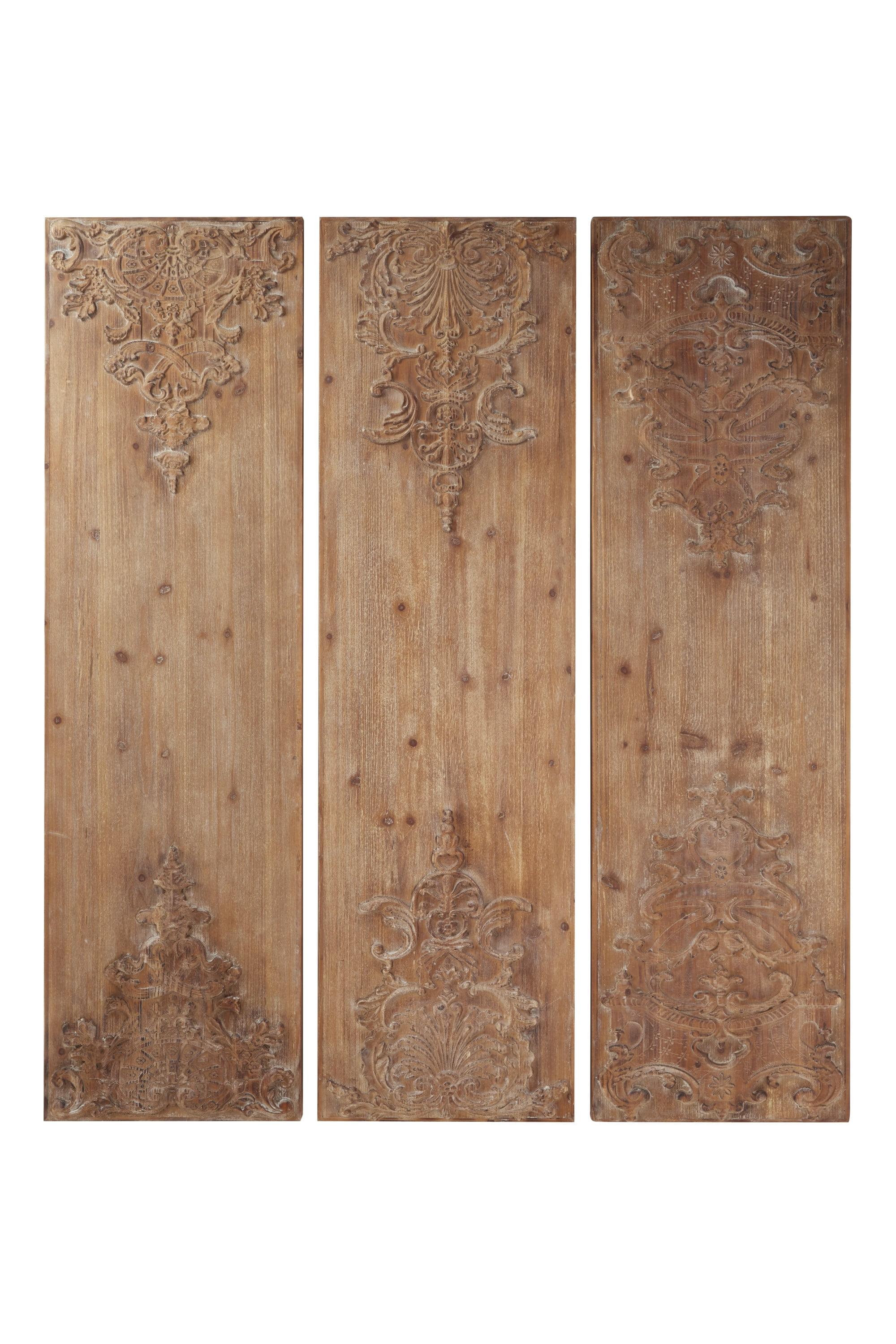 Wood Floral Carved Antefix Wall Decor Set of 3 Brown - Olivia & May: Rustic Style, Indoor Vertical Panels