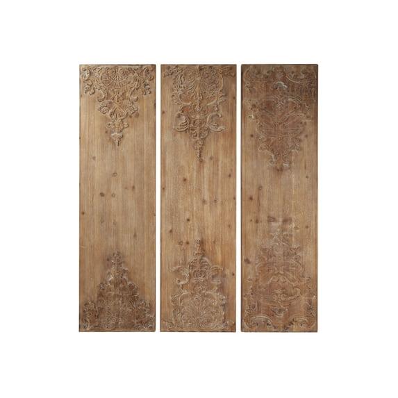 Wood Floral Carved Antefix Wall Decor Set of 3 Brown - Olivia & May: Rustic Style, Indoor Vertical Panels
