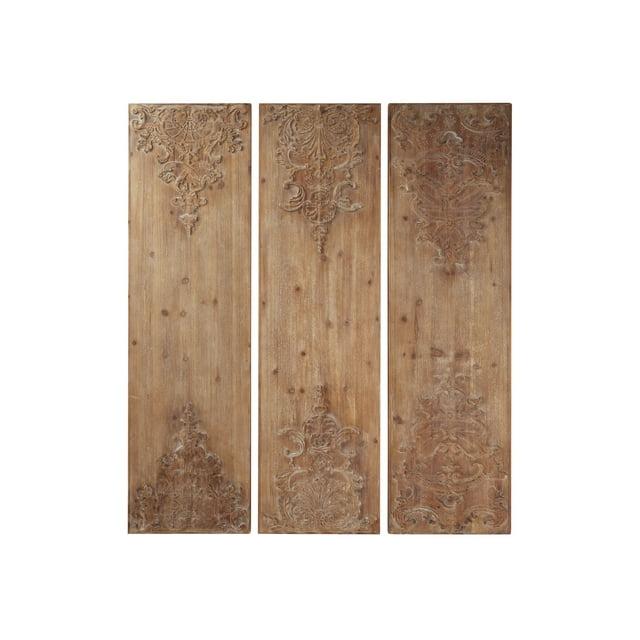 Wood Floral Carved Antefix Wall Decor Set of 3 Brown - Olivia & May: Rustic Style, Indoor Vertical Panels