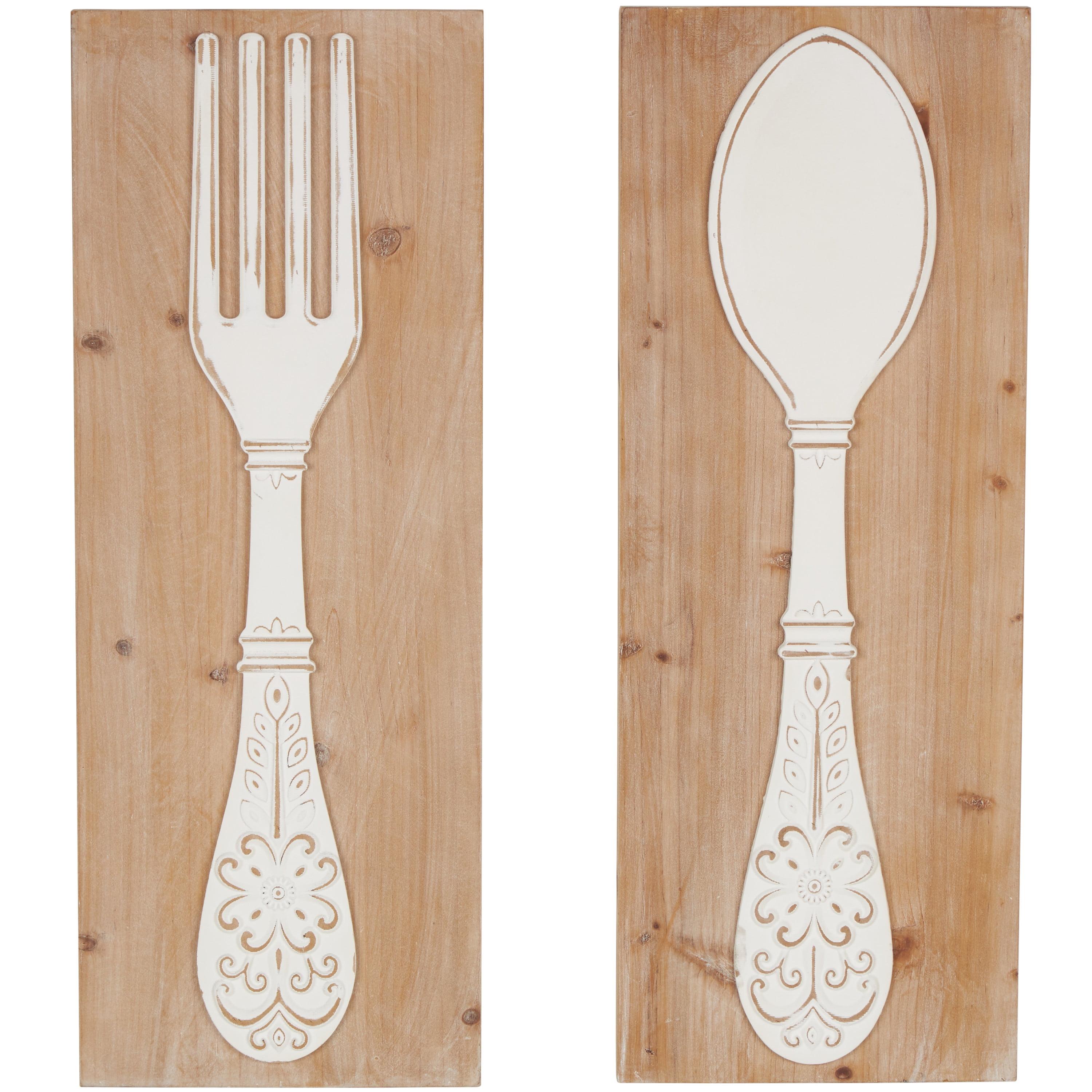 DecMode Brown Wooden Utensils Wall Decor with Carved White Floral Designs (2 Count)
