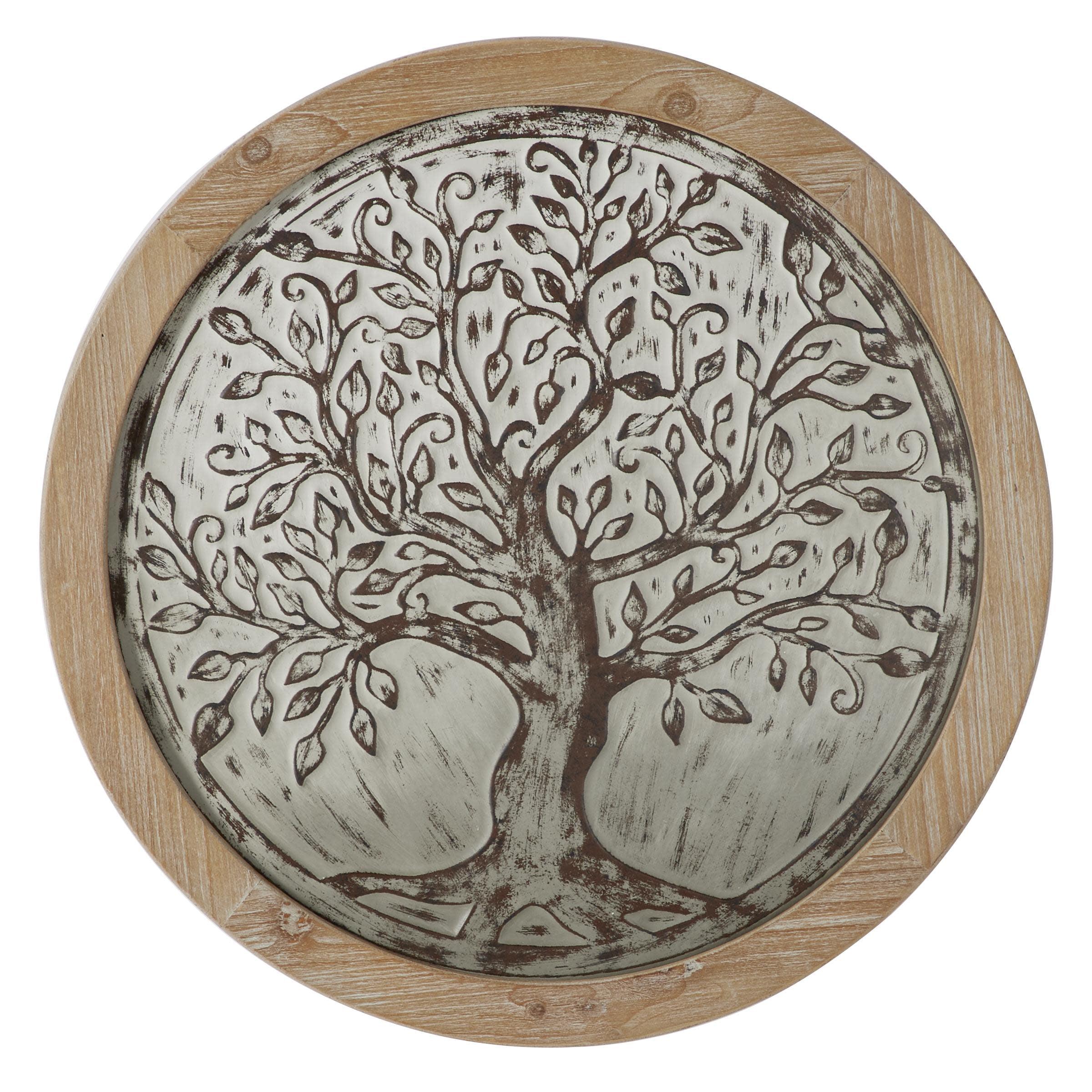 Brown Circular Wooden Tree Wall Decor with Weathered Finish