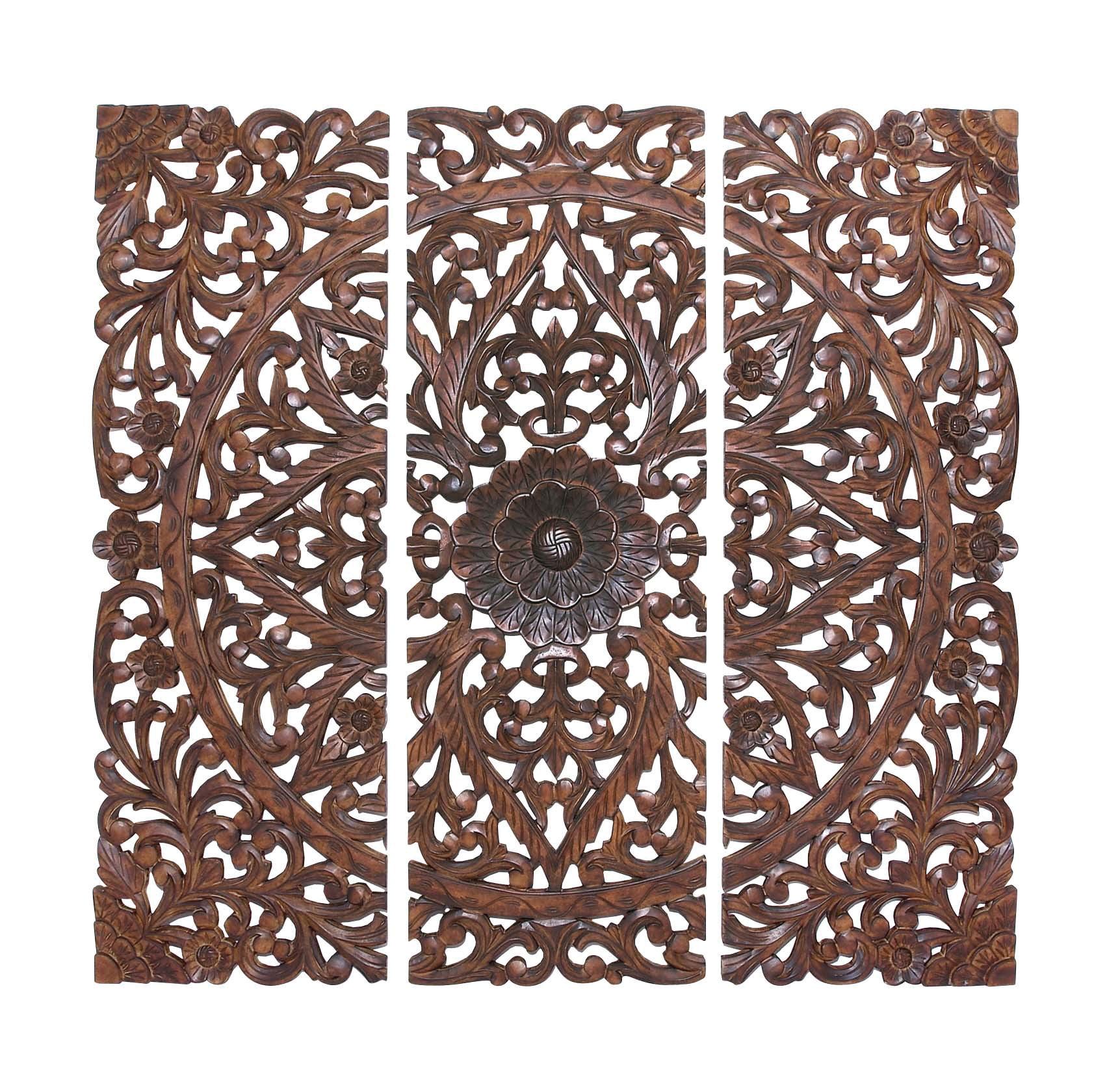 Rustic Elegance Hand-Carved Pine Wood Floral Wall Art Trio, 24"W x 72"H