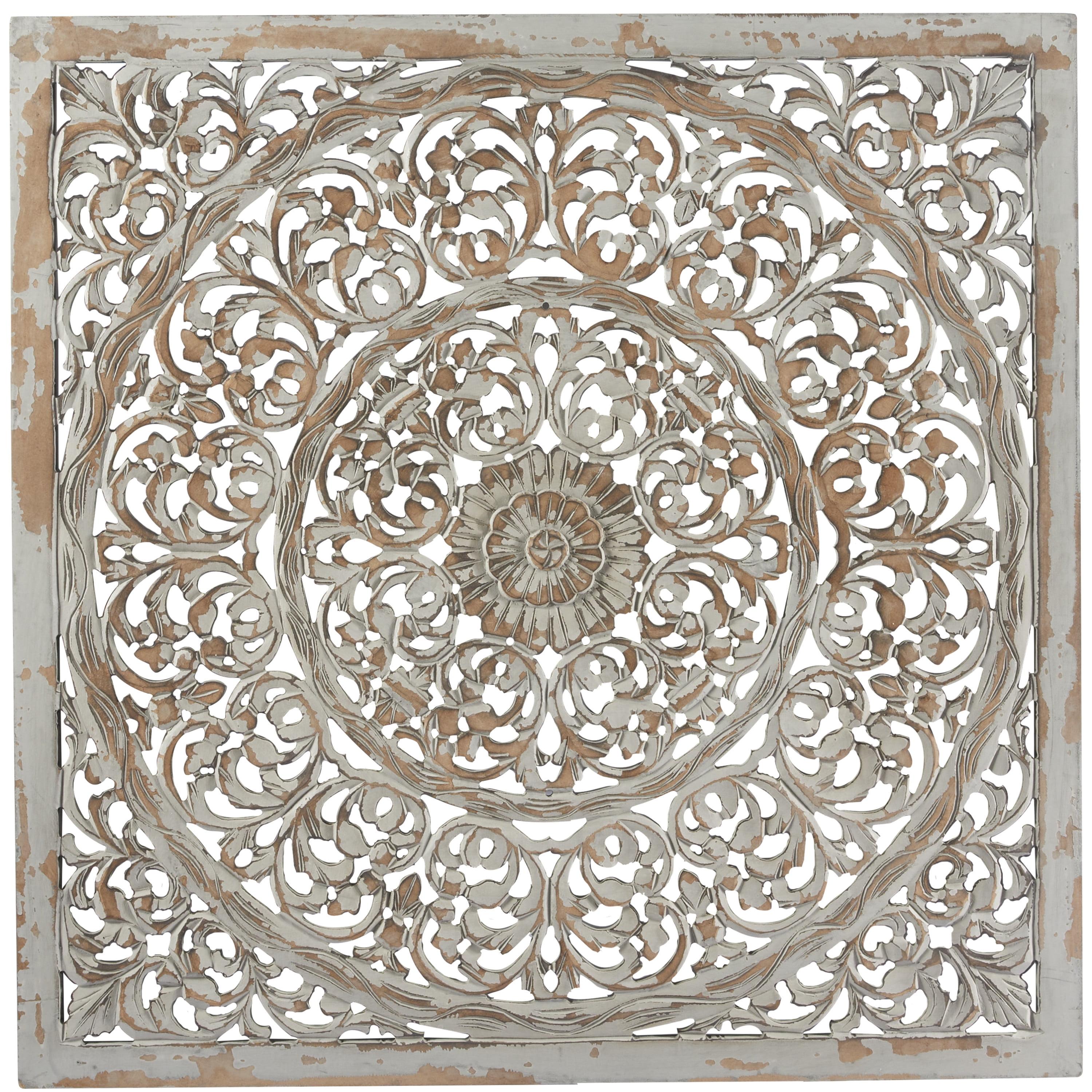 Brown and White Hand-Carved Floral Wood Wall Art, 36"