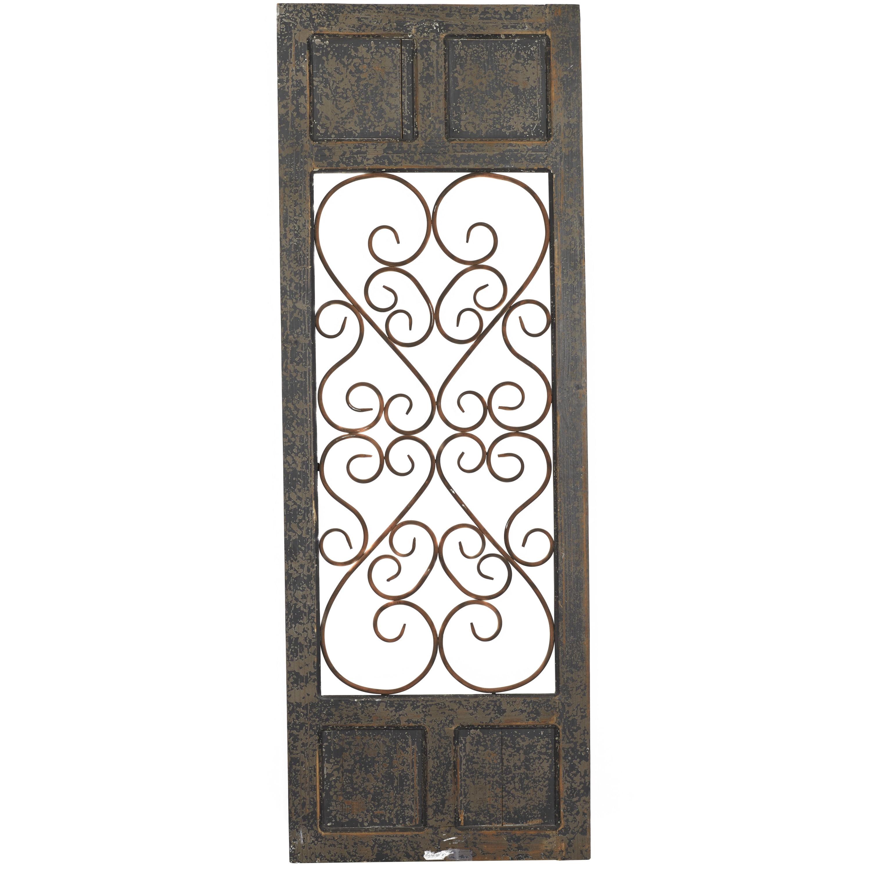 Olivia & May Traditional Wood Scroll Window Inspired Wall Decor with Metal Scrollwork Relief Brown: Vertical Iron Frame, Carved Art Object