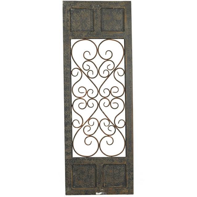 Olivia & May Traditional Wood Scroll Window Inspired Wall Decor with Metal Scrollwork Relief Brown: Vertical Iron Frame, Carved Art Object