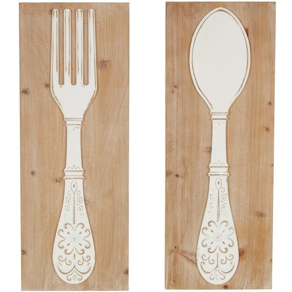 DecMode Brown Wooden Utensils Wall Decor with Carved White Floral Designs (2 Count)