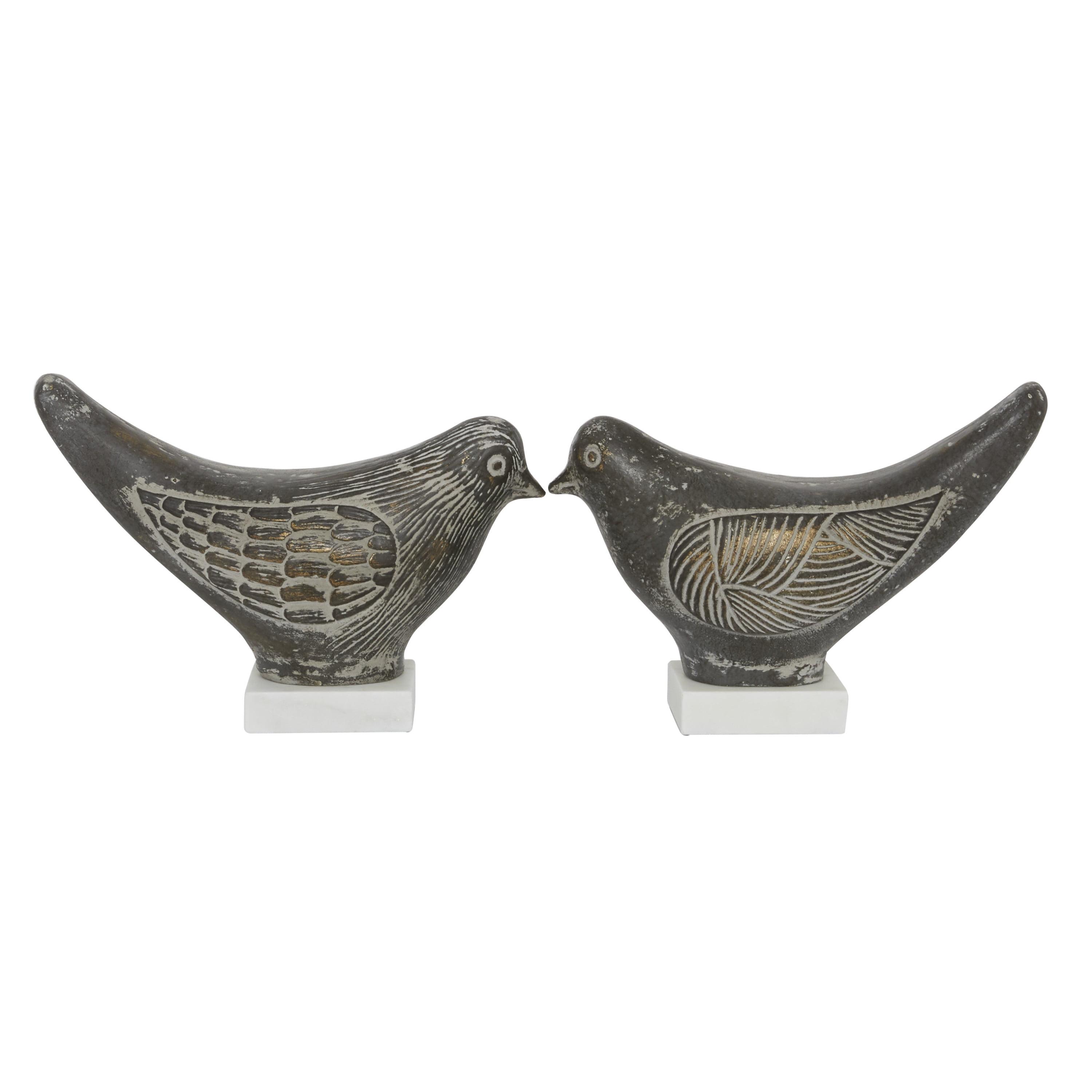 Brown Ceramic Coastal Bird Sculptures with Distressed Finish, Set of 2