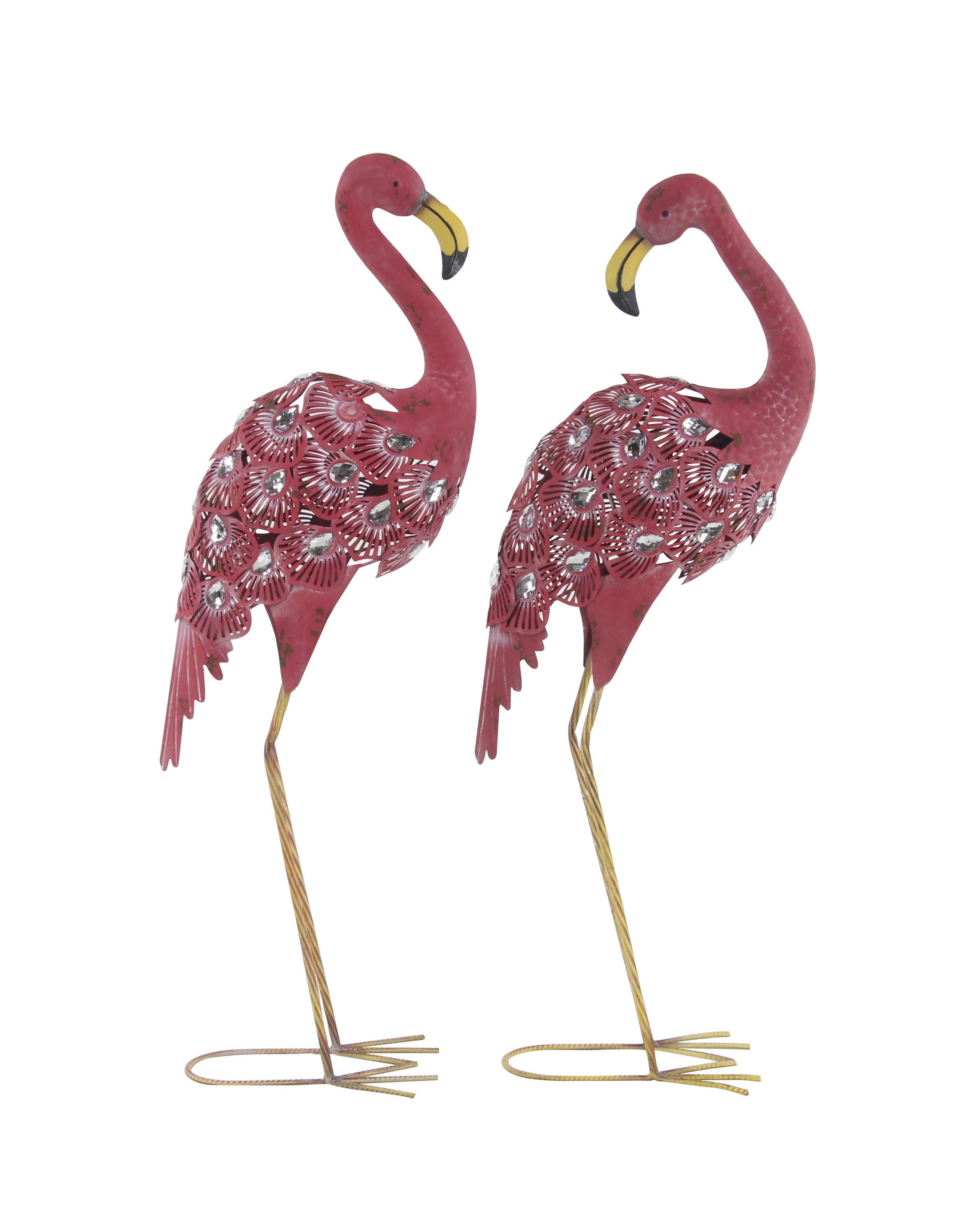 DecMode Coastal Outdoor Metal Standing Pink Flamingo Garden Sculpture, Set of 2 10"W x 38"H