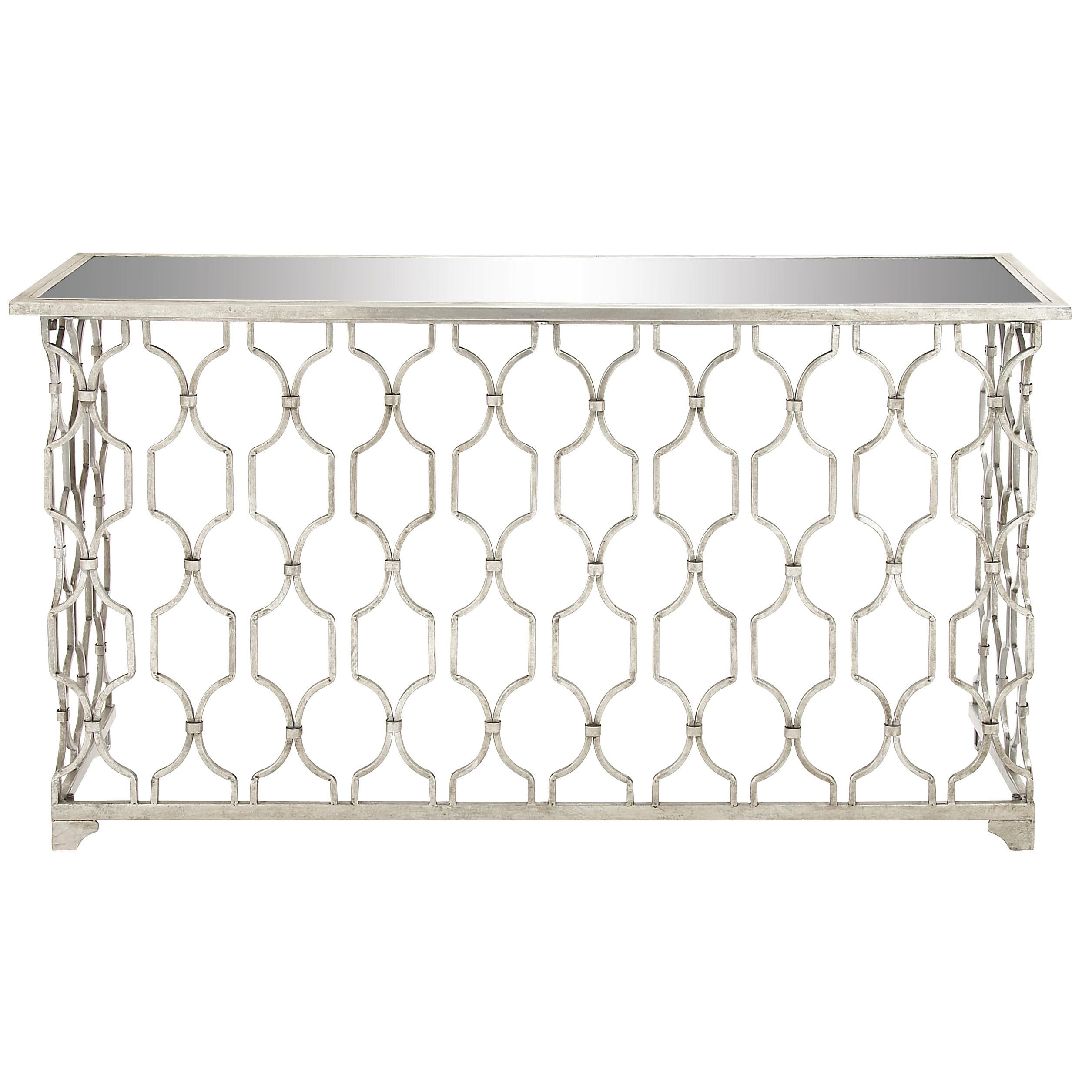 Silver Metal Console Table with Mirrored Glass Top and Trellis Pattern