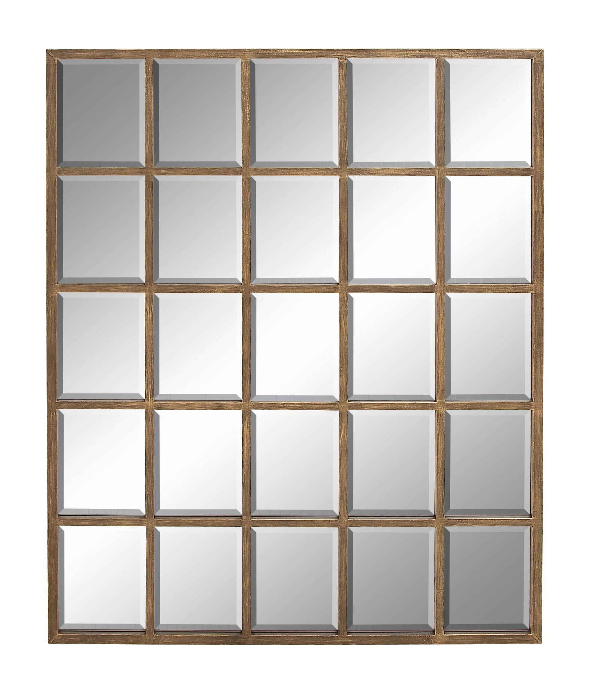 DecMode Contemporary Squre Wood Window Shaped Wall Mirror, 56"W x 44"H with Distressed Brass Colored Frame