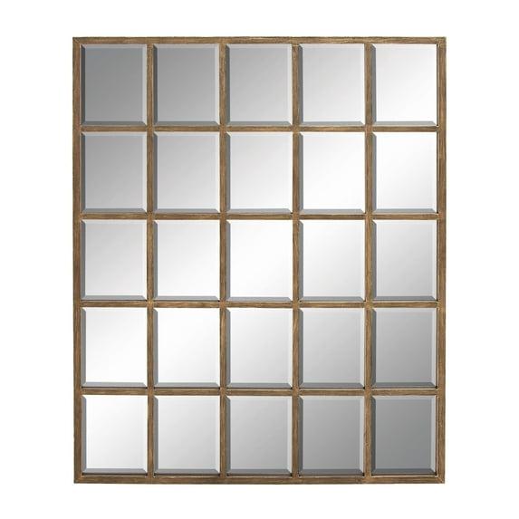 DecMode Contemporary Squre Wood Window Shaped Wall Mirror, 56"W x 44"H with Distressed Brass Colored Frame