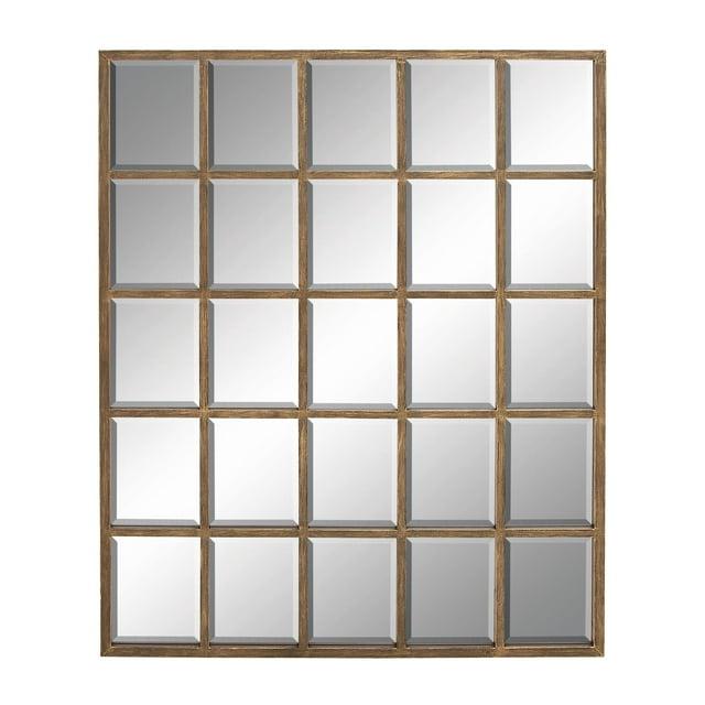DecMode Contemporary Squre Wood Window Shaped Wall Mirror, 56"W x 44"H with Distressed Brass Colored Frame