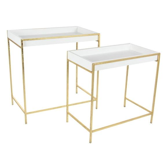 Mercer41 Blaine Wooden Nesting Tray Top Geometric Side End White Accent Table with Gold Metal Legs Set