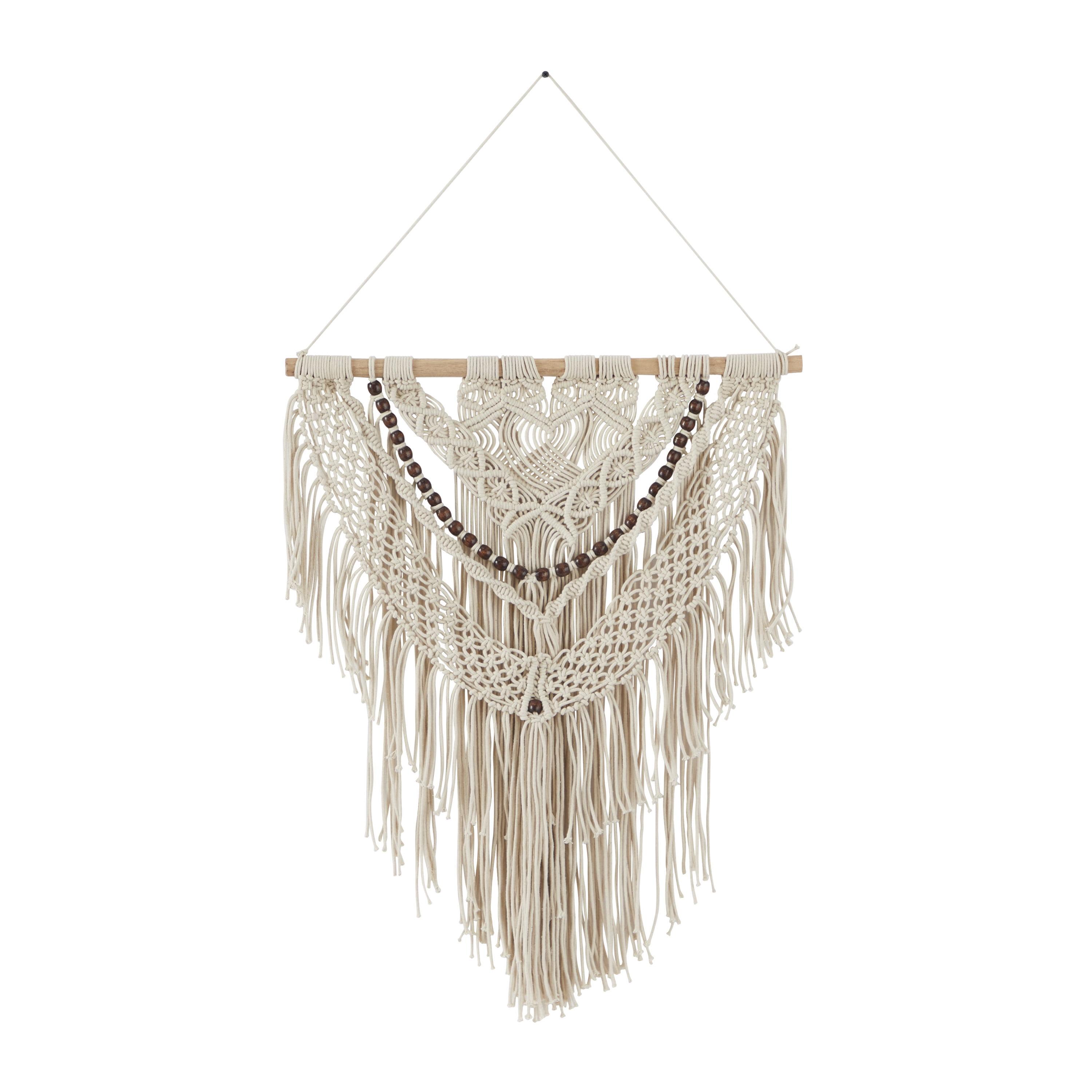 DecMode Cream Cotton Intricately Weaved Macrame Wall Decor with Beaded Fringe Tassels