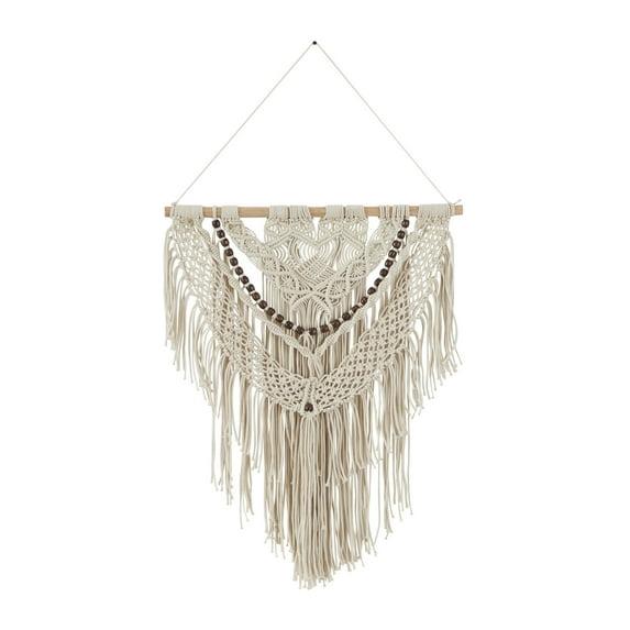 DecMode Cream Cotton Intricately Weaved Macrame Wall Decor with Beaded Fringe Tassels