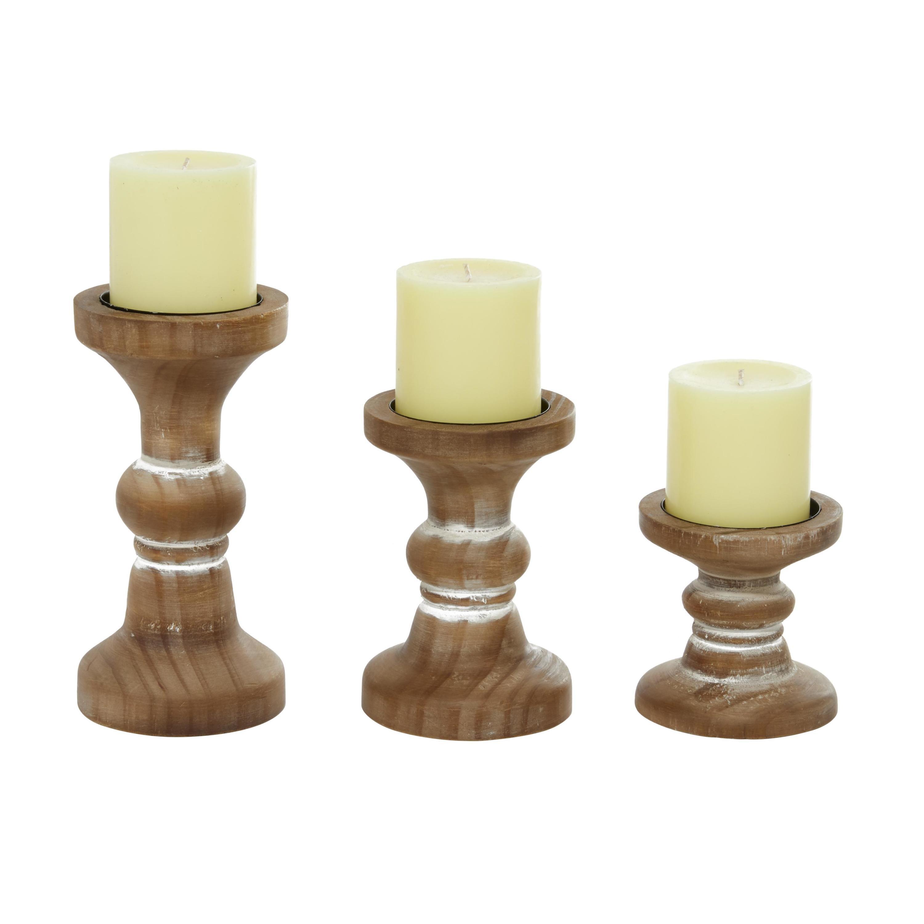 DecMode Farmhouse Curved Pillar Candle Holders Set of 3, 8", 6", 4"H,Distressed Brown Wood Finish