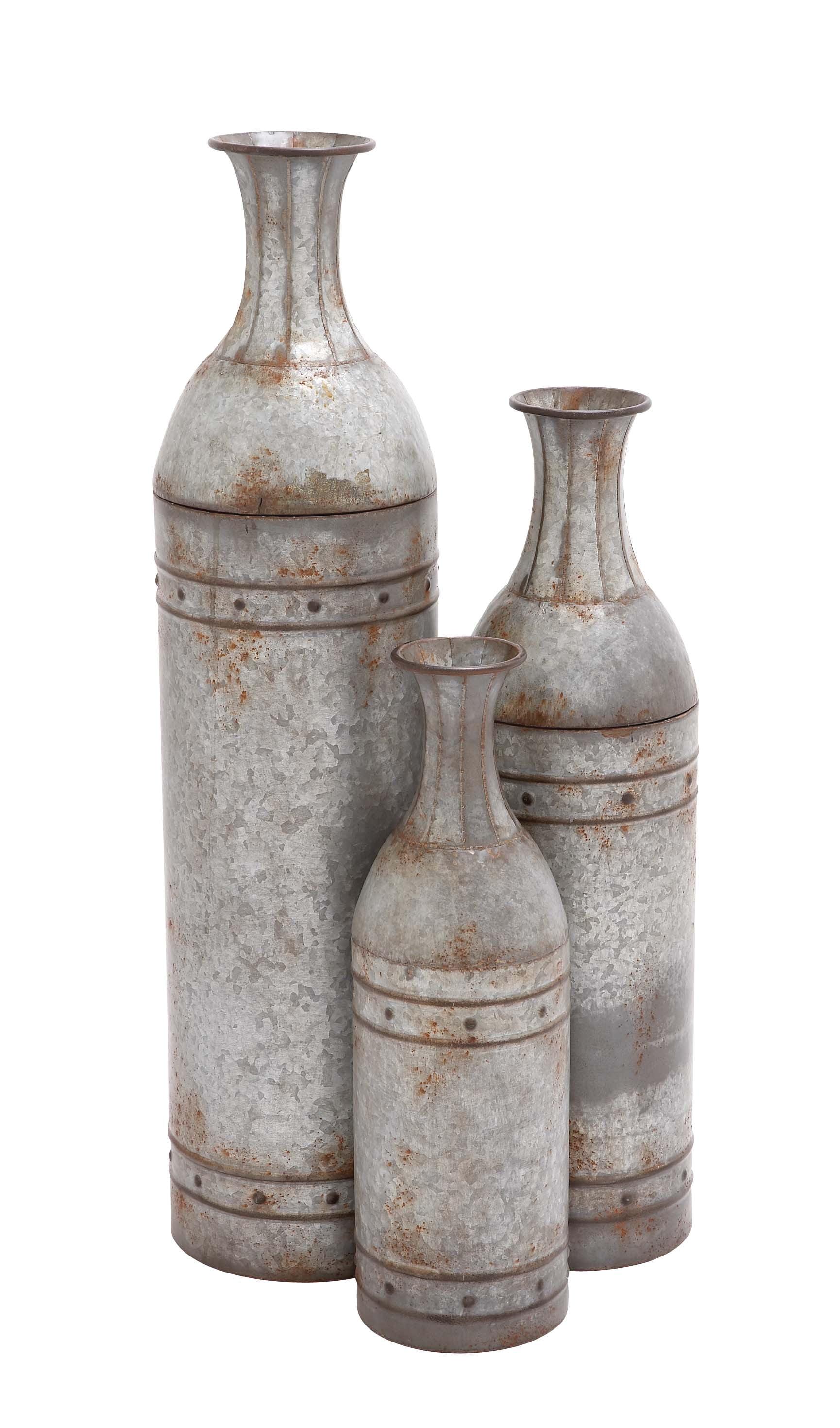 DecMode Farmhouse Cylinder Shape Extra Large Silver Distressed Metal Floor Vases, Set of 3, 43", 33", 25"H