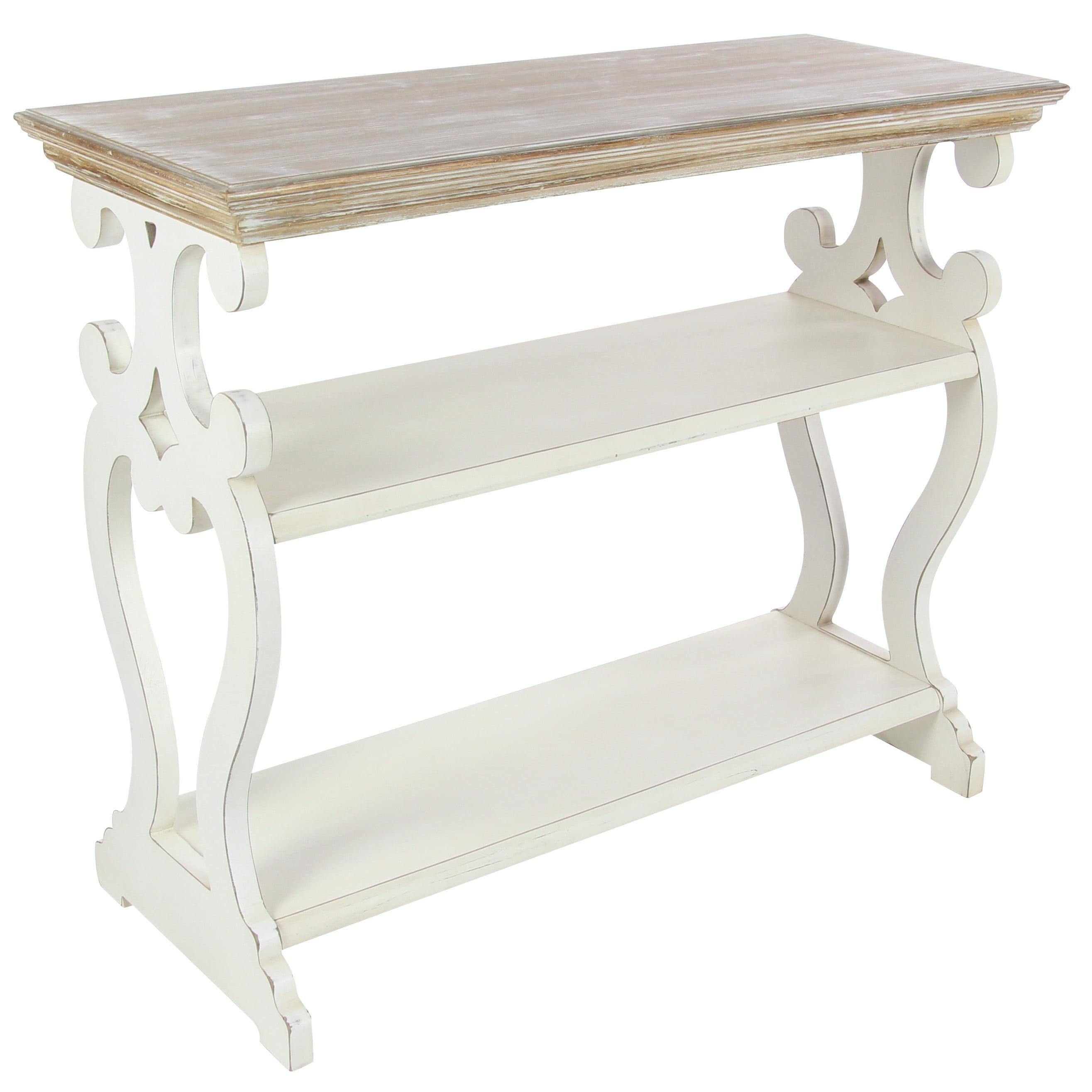 Cottage Charm White and Natural Wood 2-Tier Console Table with Storage