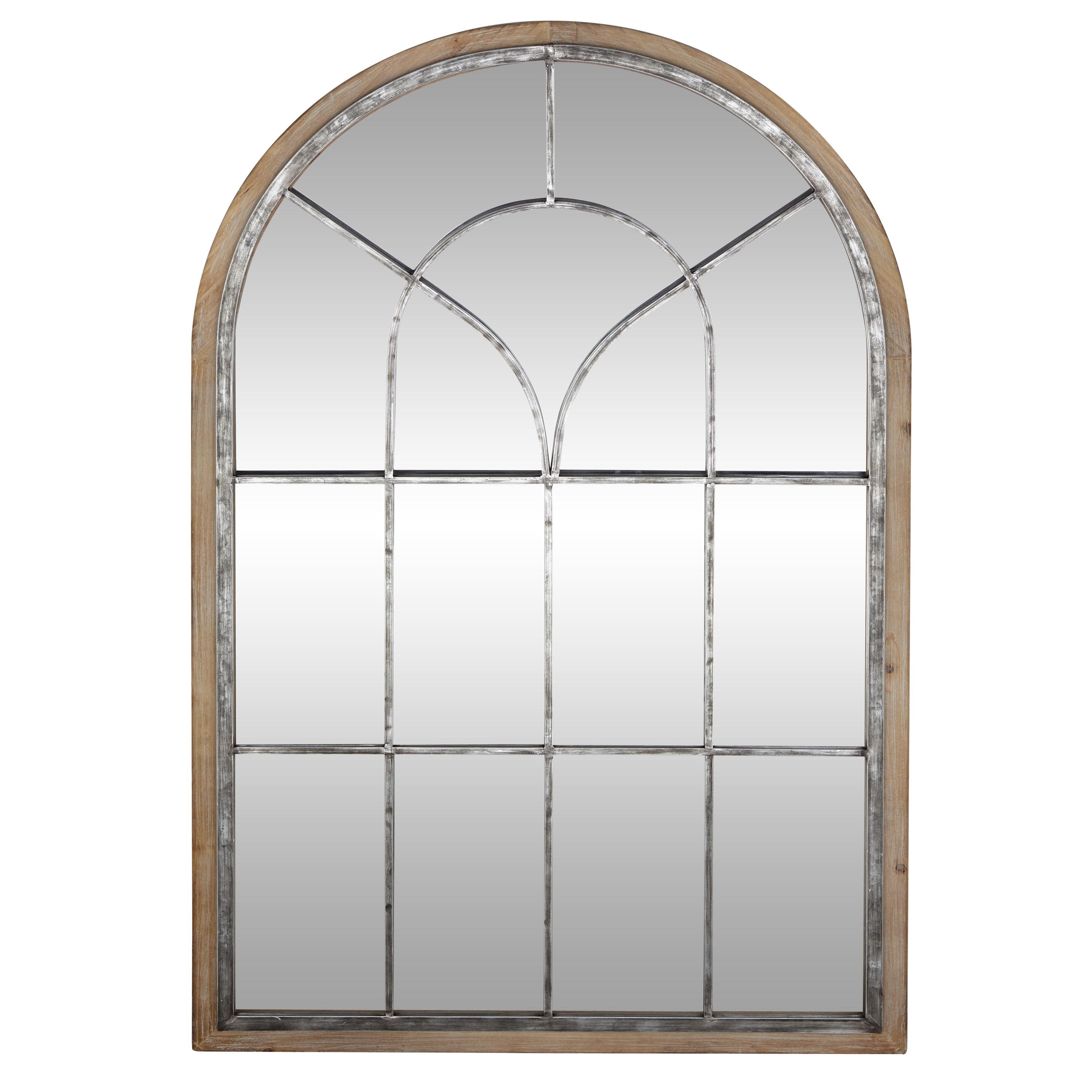 Glass Window Pane Inspired Wood Wall Mirror with Arched Top Brown - Olivia & May: Distressed Whitewash Finish, No Assembly Required