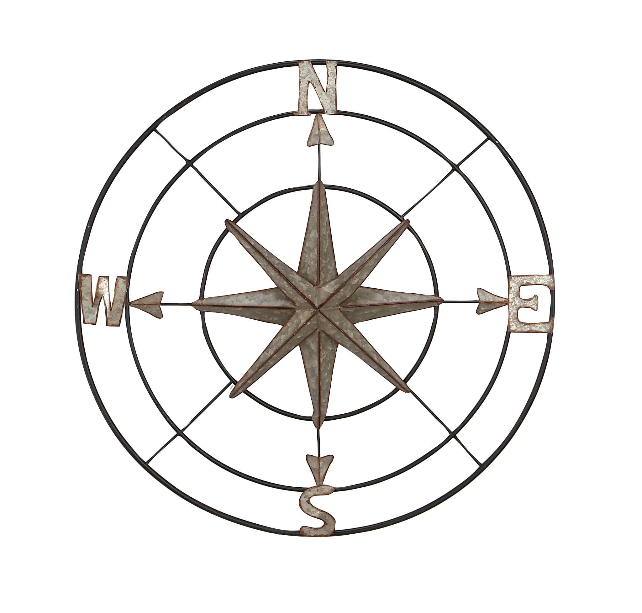 Rustic Galvanized Metal Compass Wall Sculpture, 32" Gray Farmhouse Decor