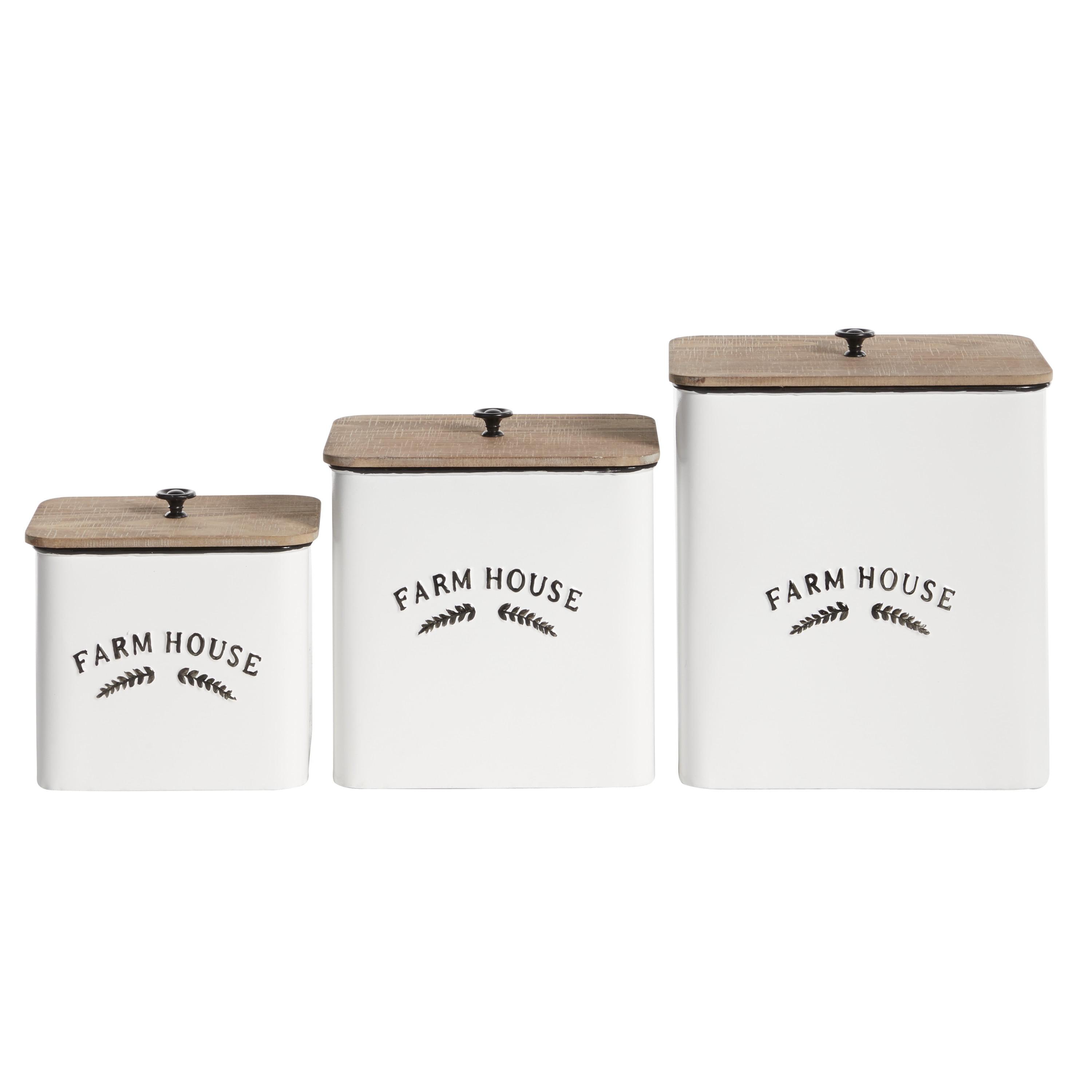 Farmhouse White Metal Canisters with Wood Lids, Set of 3