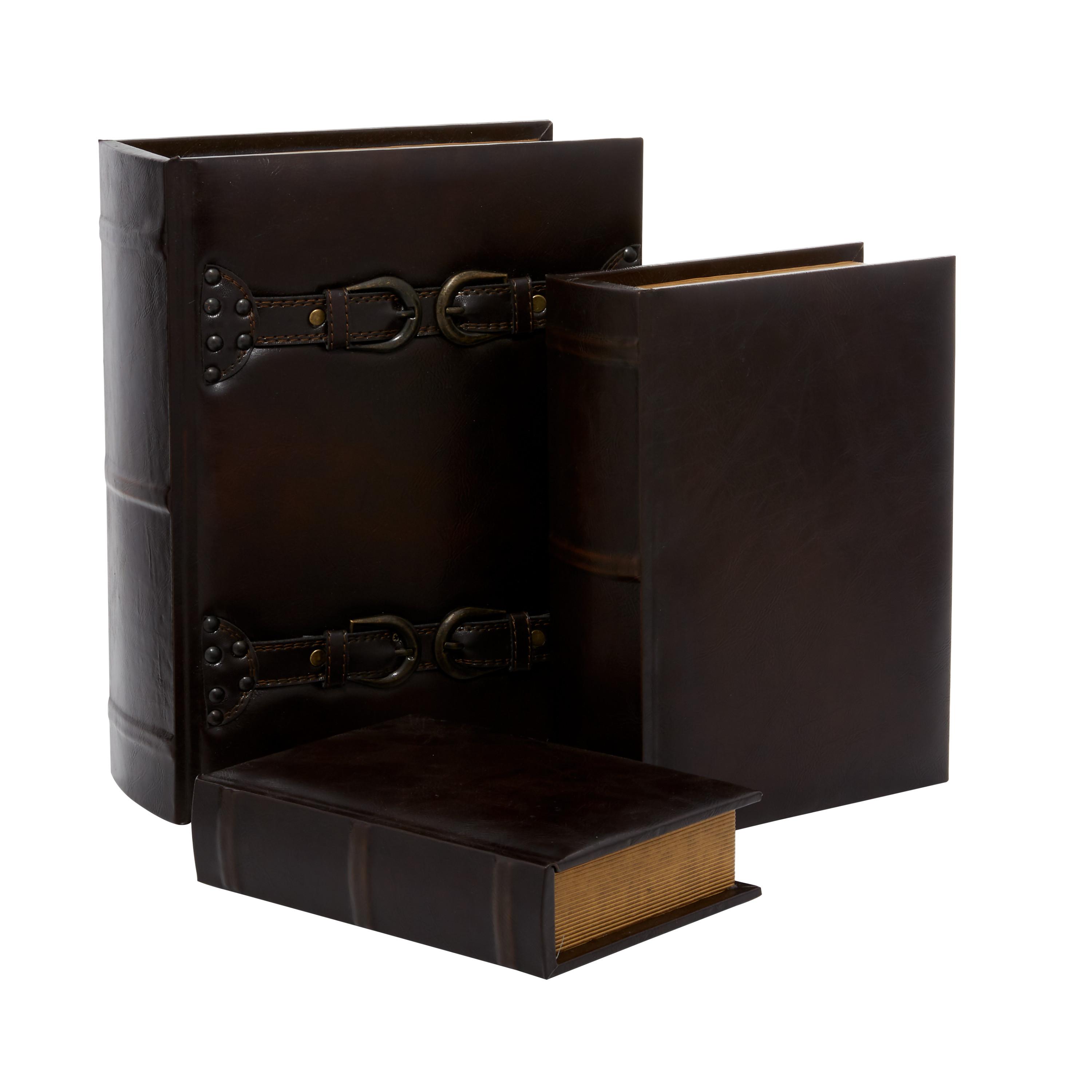 DecMode Vintage Faux Book Storage Dark Brown Faux Leather Decorative Box with Gold Buckle Accents, 3 Count